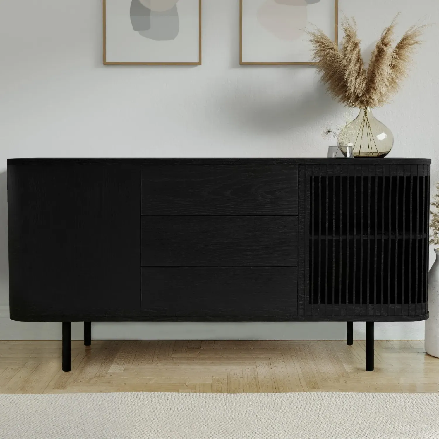 Large Curved Sideboard with Drawers - Black, Oak image
