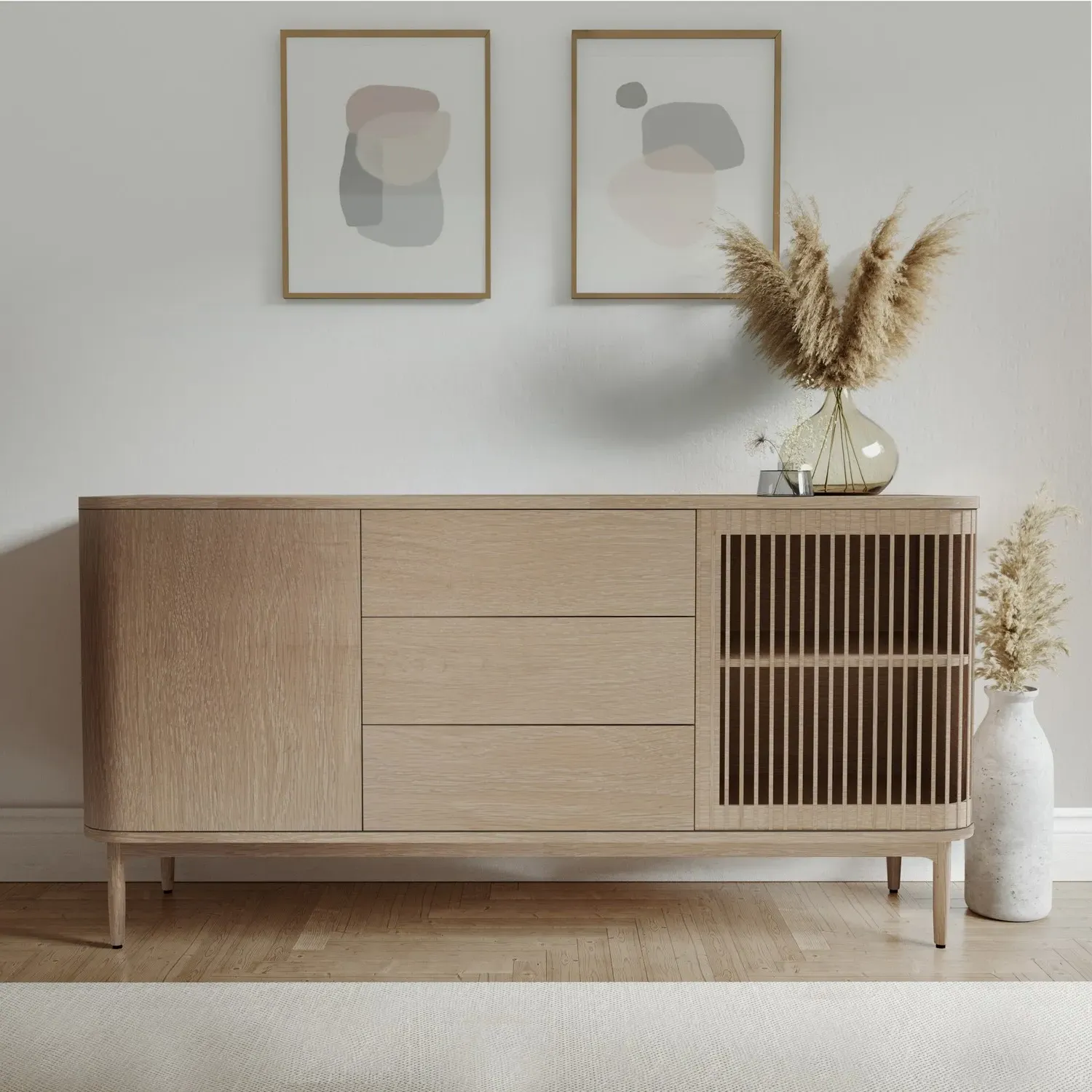 Large Curved Sideboard with Drawers - Oak Veneer