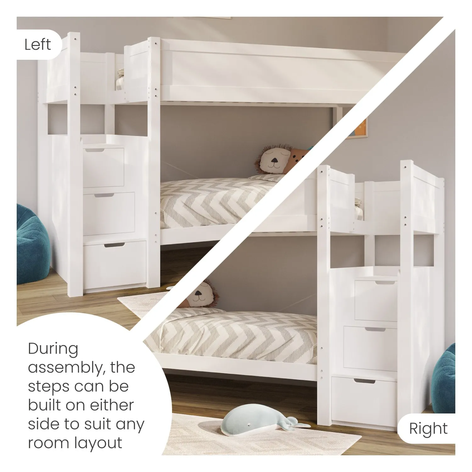 Bunk Bed with Stairs and Storage - White, Pine