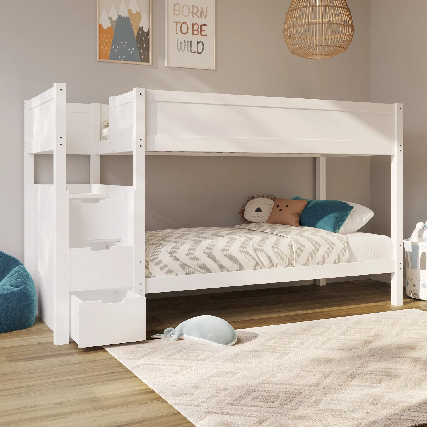 Bunk Bed with Stairs and Storage - White, Pine