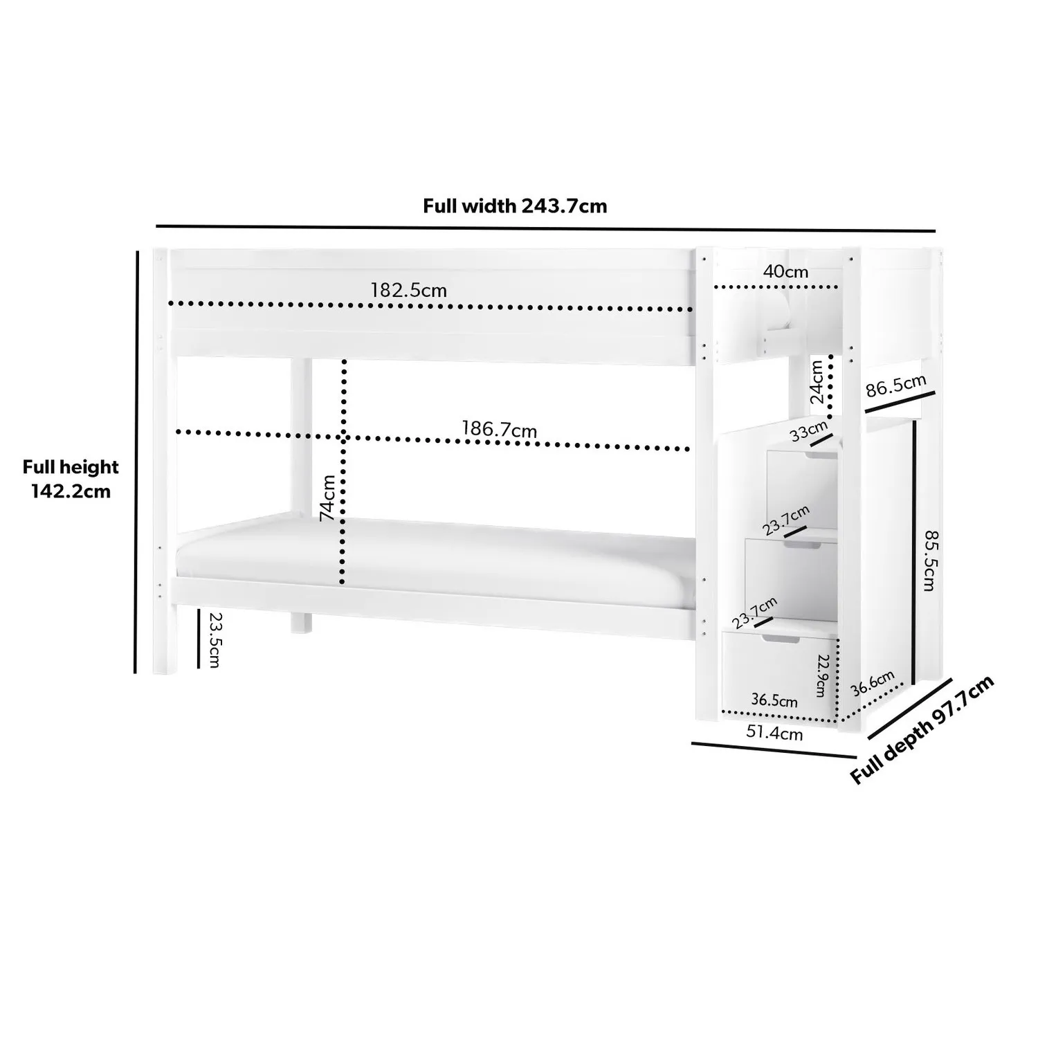 Bunk Bed with Stairs and Storage - White, Pine