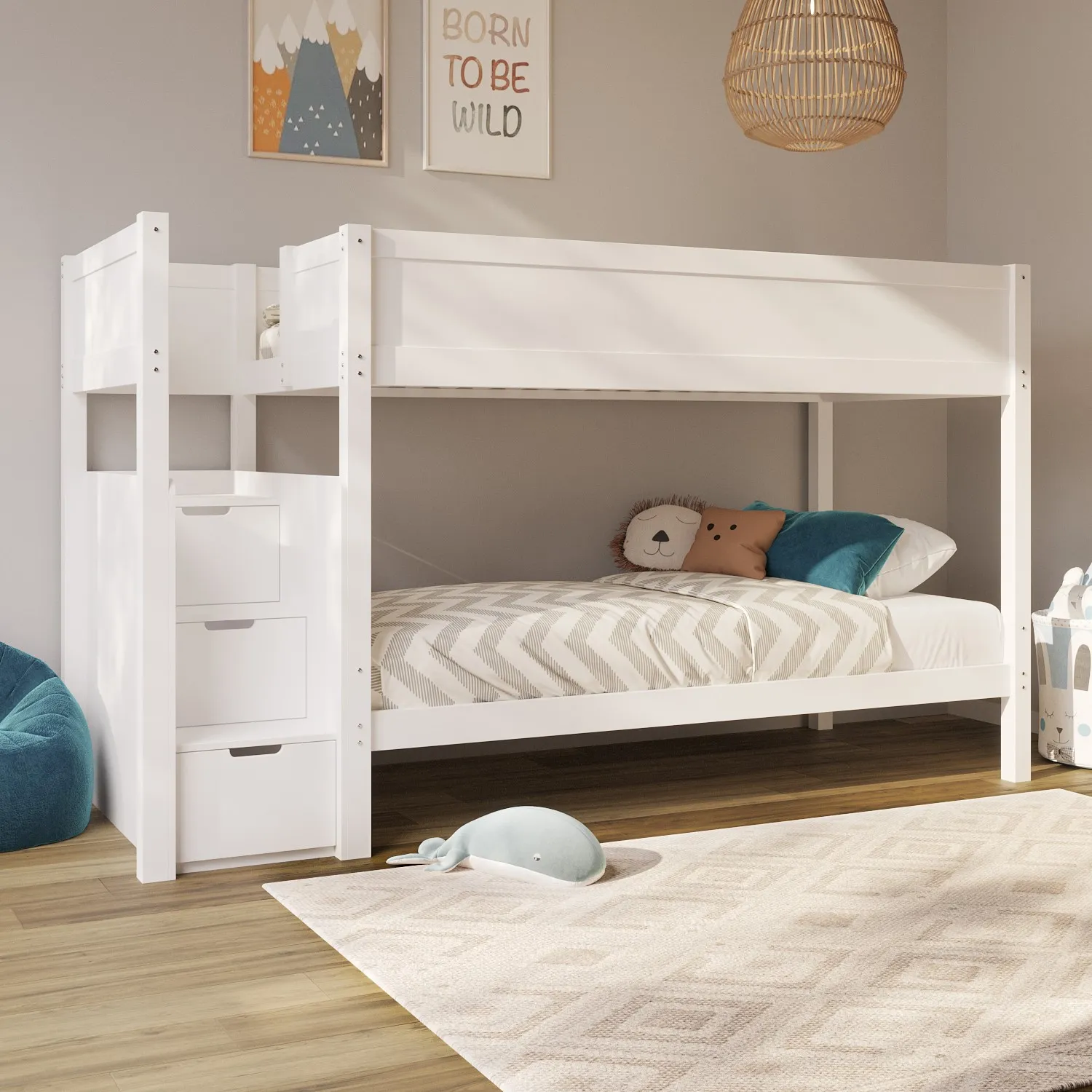 Bunk Bed with Stairs and Storage - White, Pine image