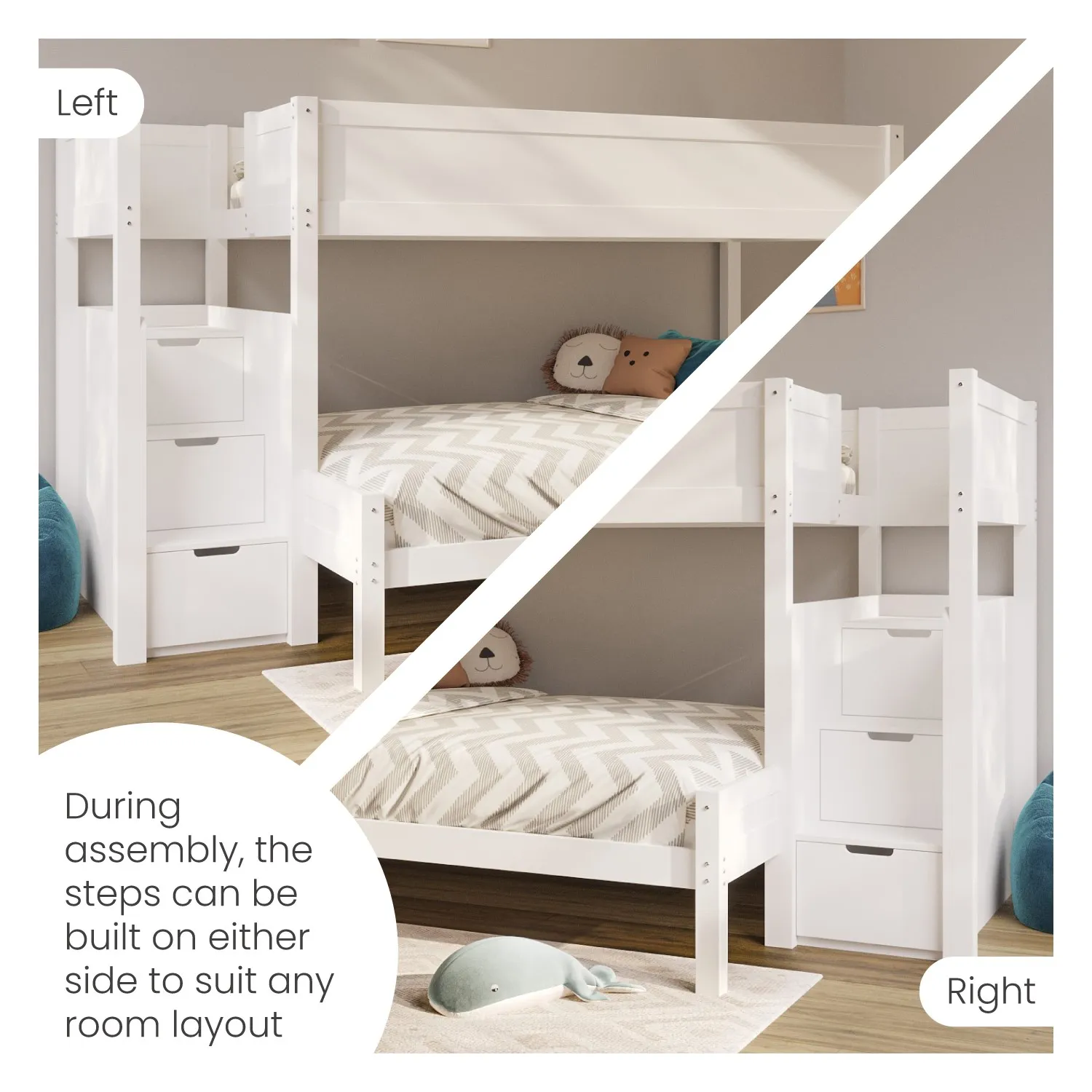 Triple Bunk Bed with Storage Stairs - White, Pine