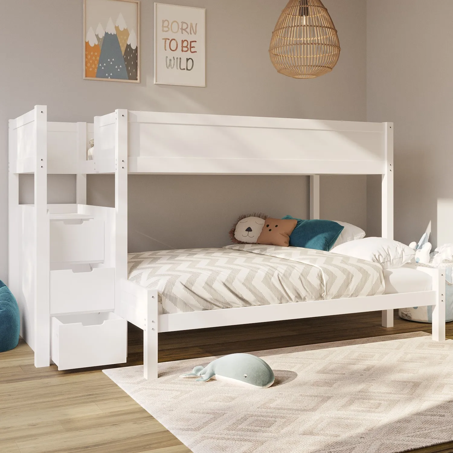 Triple Bunk Bed with Storage Stairs - White, Pine