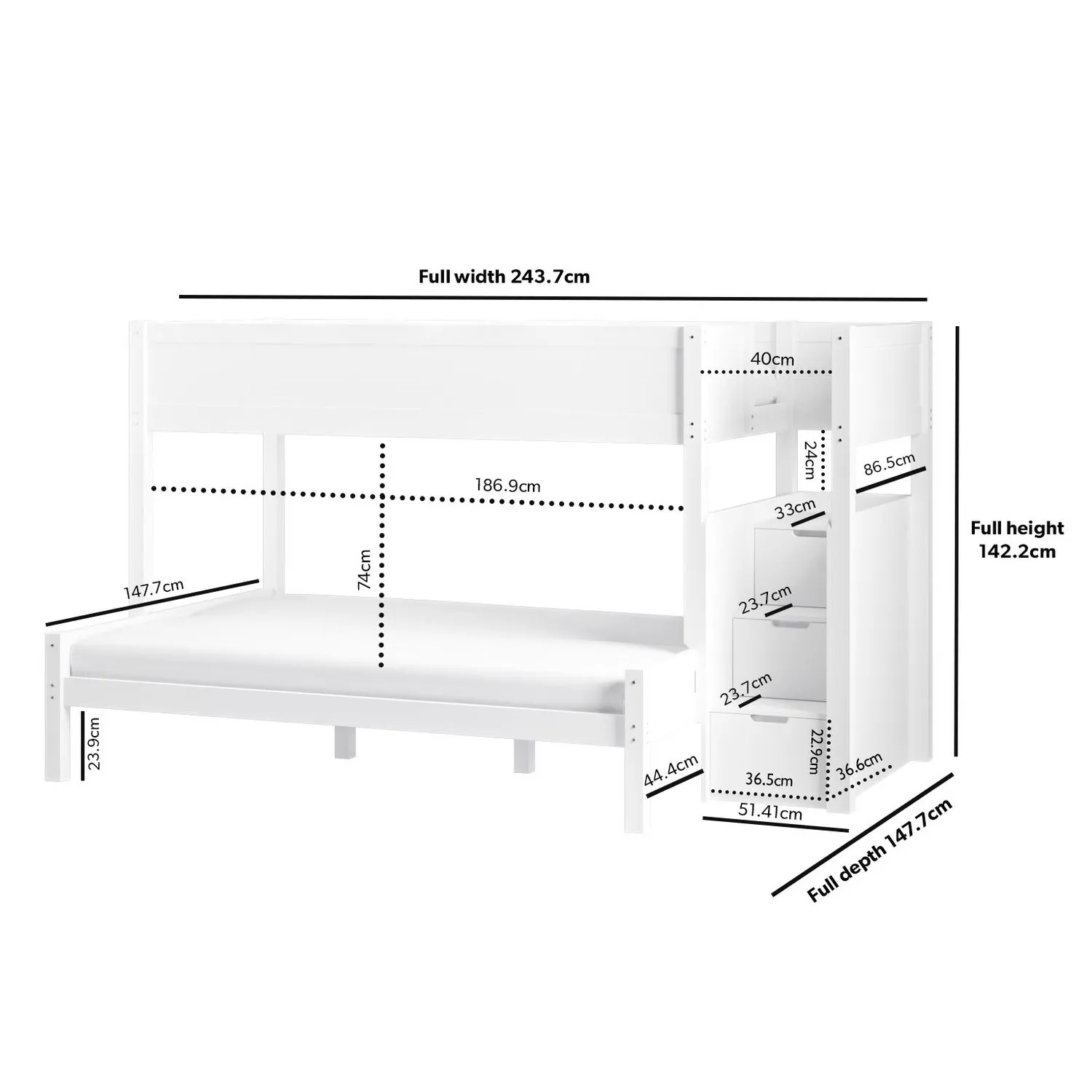 Triple Bunk Bed with Storage Stairs - White, Pine