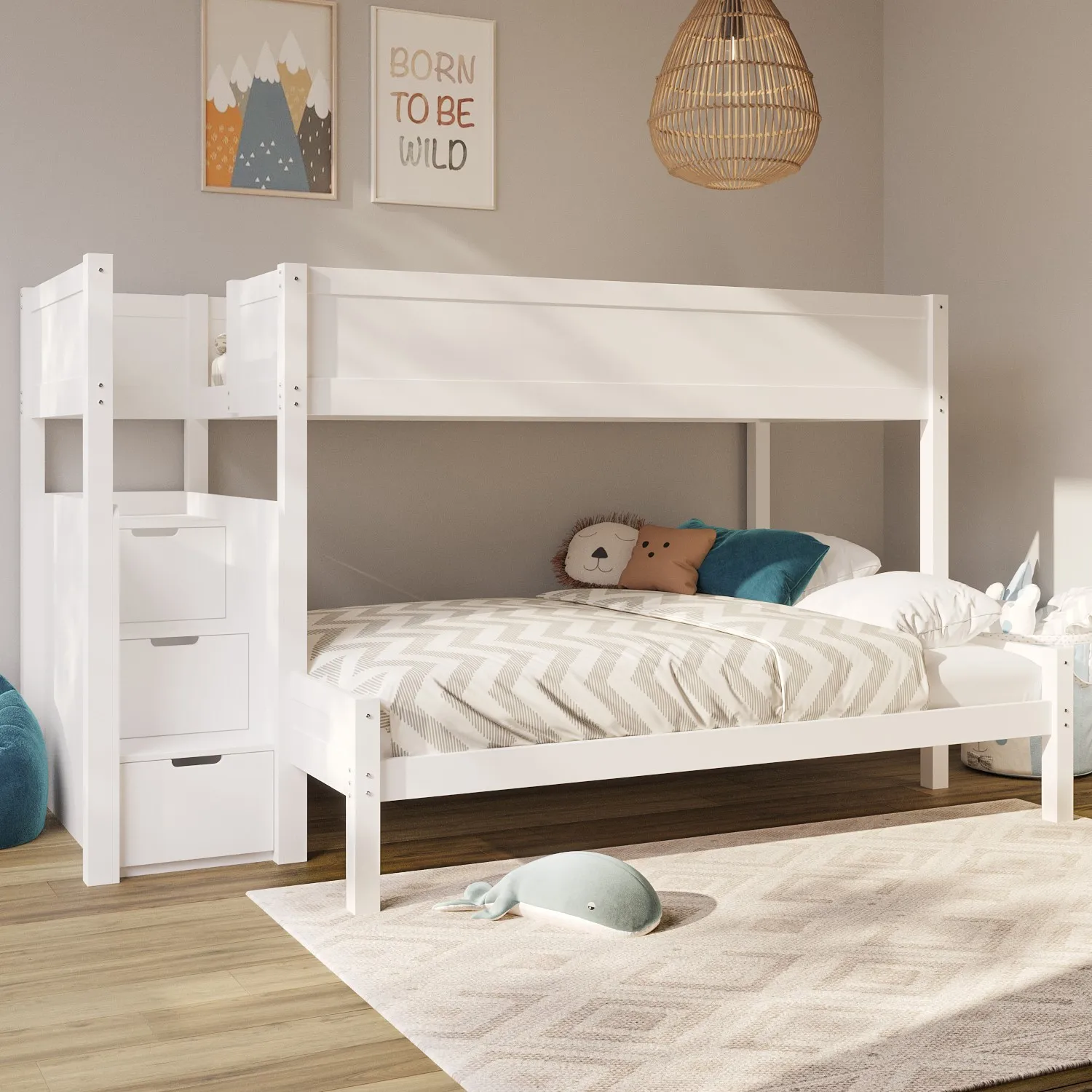Triple Bunk Bed with Storage Stairs - White, Pine image