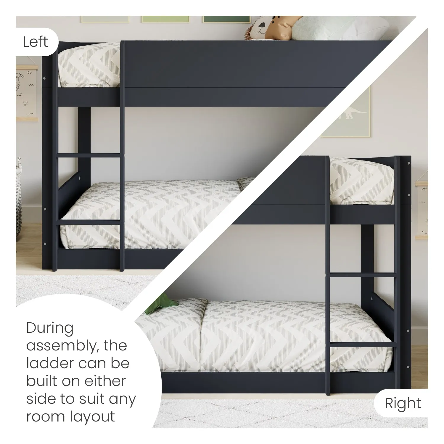 Low Bunk Bed with Guard Rails - Grey, Wood