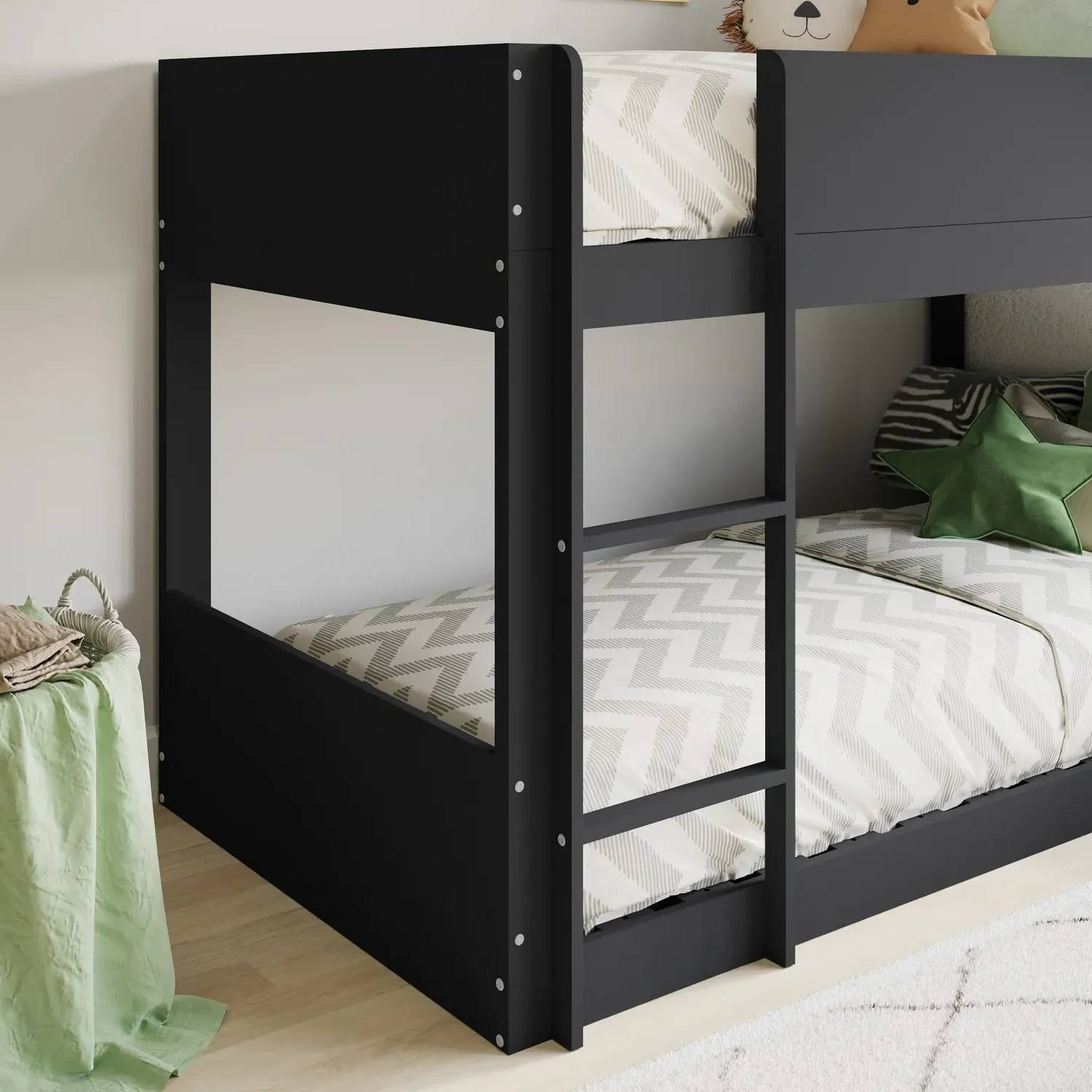 Low Bunk Bed with Guard Rails - Grey, Wood