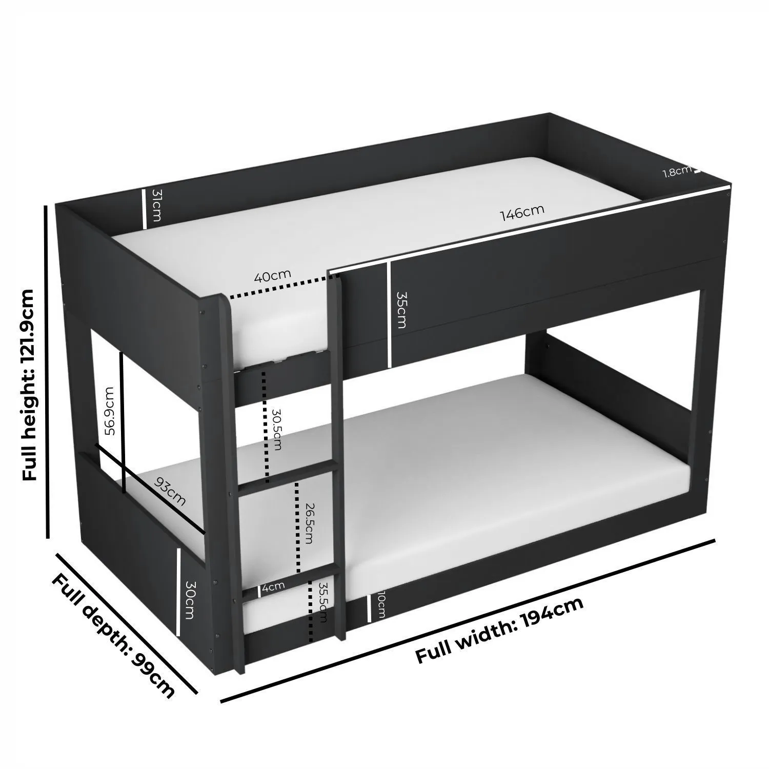Low Bunk Bed with Guard Rails - Grey, Wood