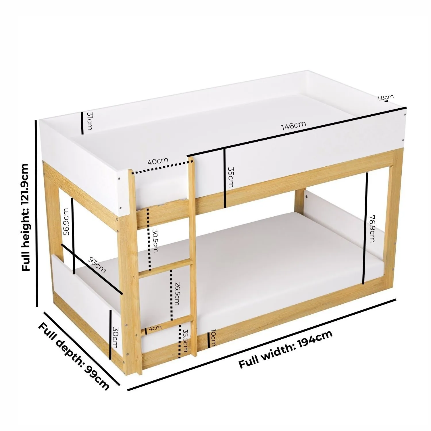 Low Bunk Bed with Guard Rails - White, Wood