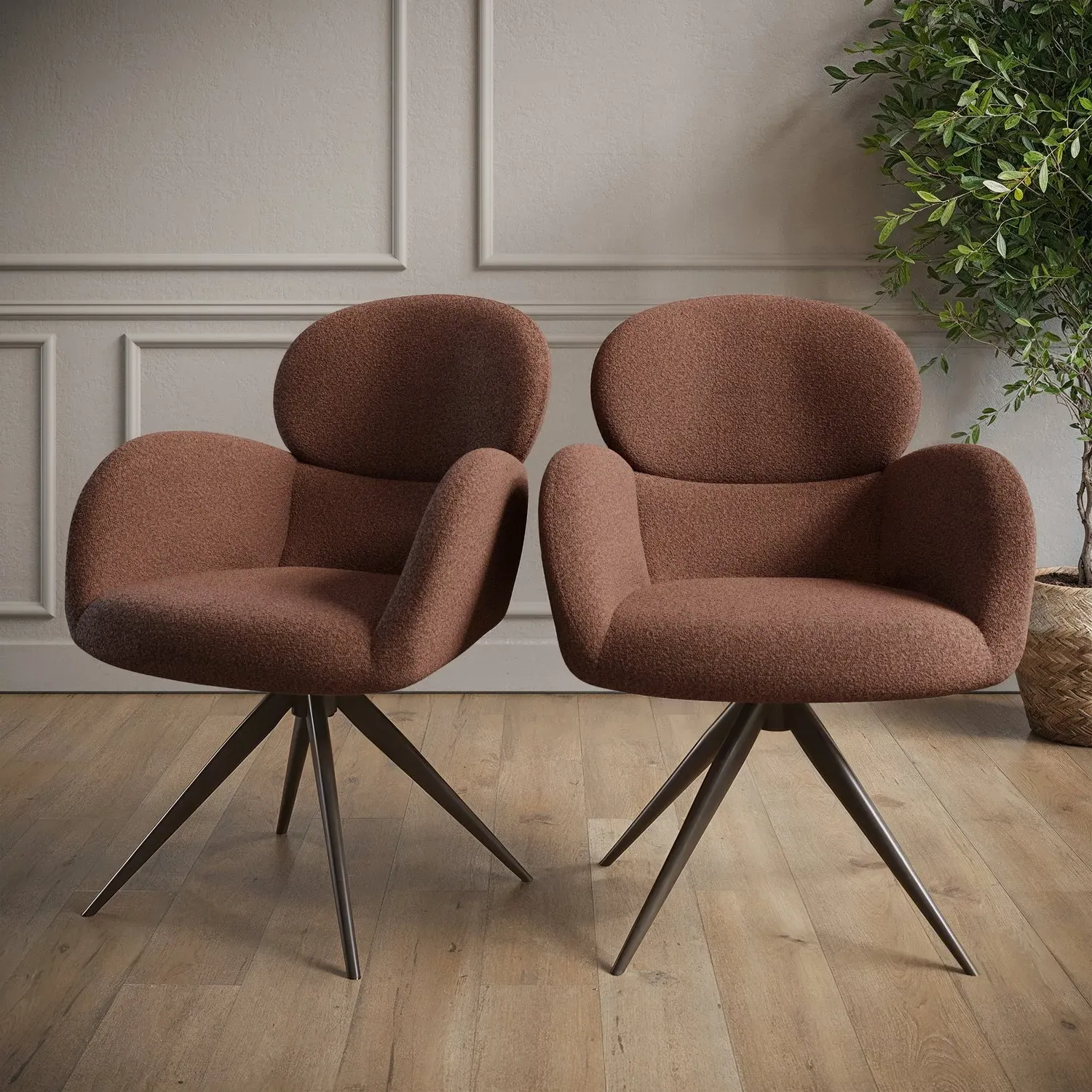 Set of 2 Swivel Dining Chairs - Brown, Boucle image