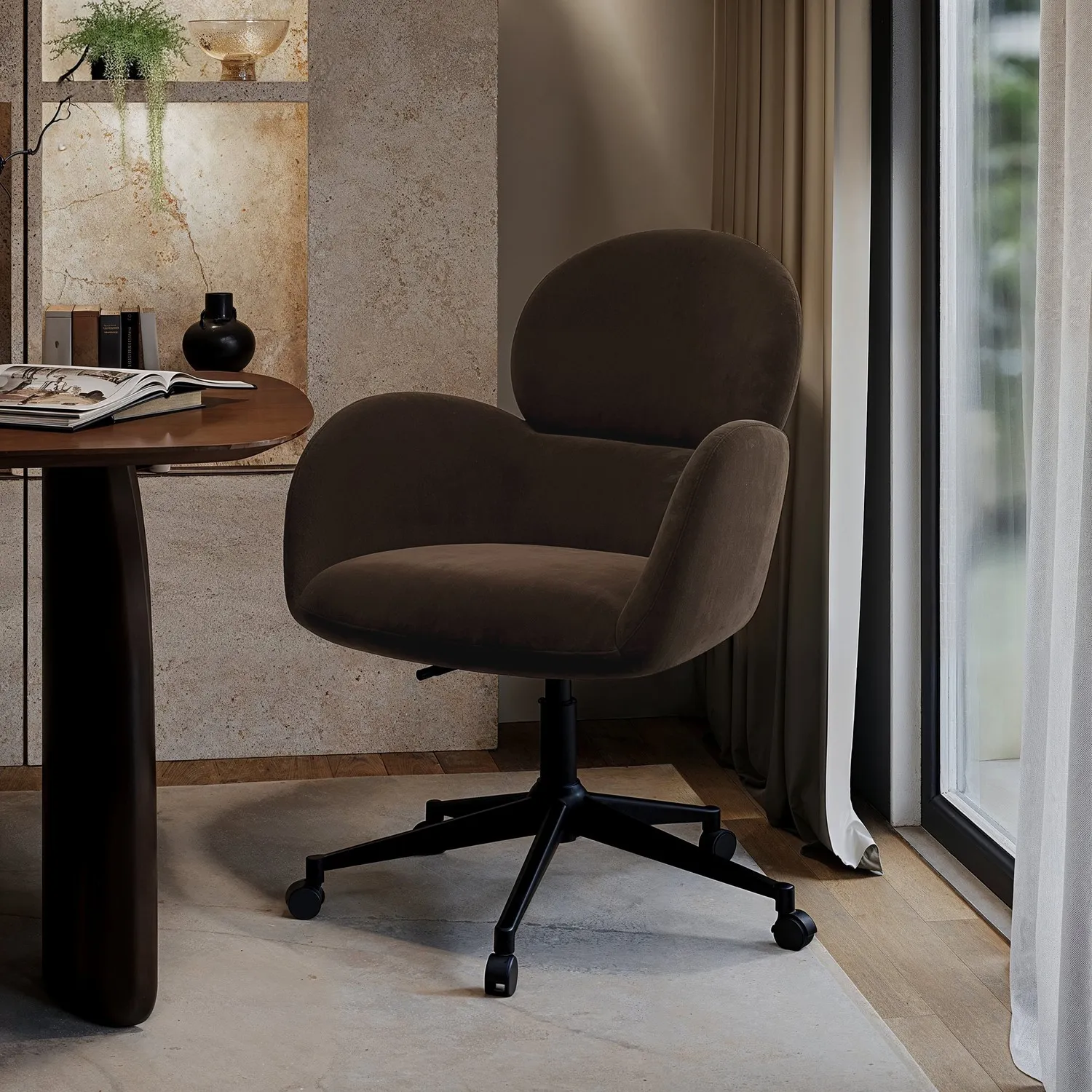 Swivel Office Chair with Gas Lift - Brown, Velvet image
