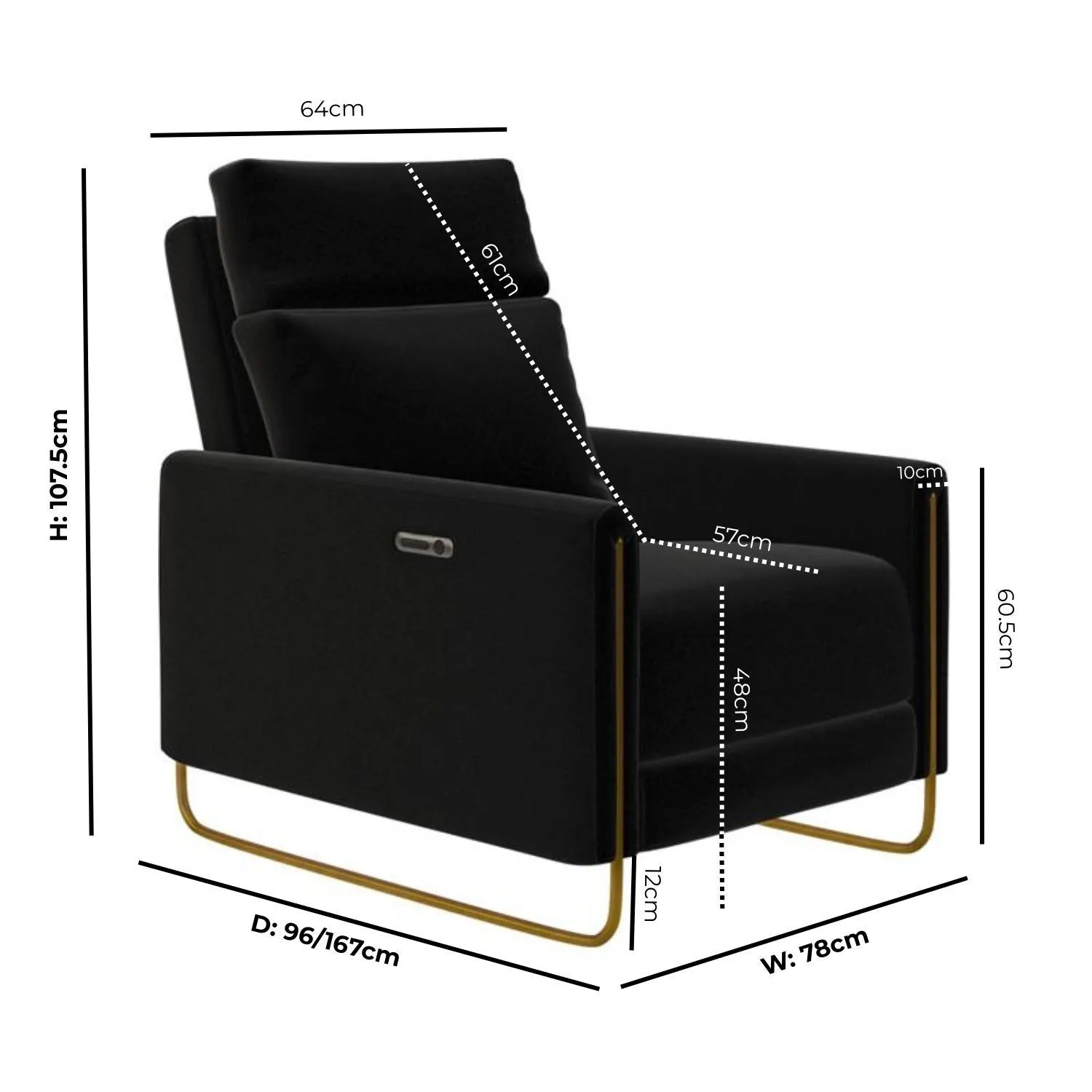 Electric Recliner Chair with USB - Black, Velvet