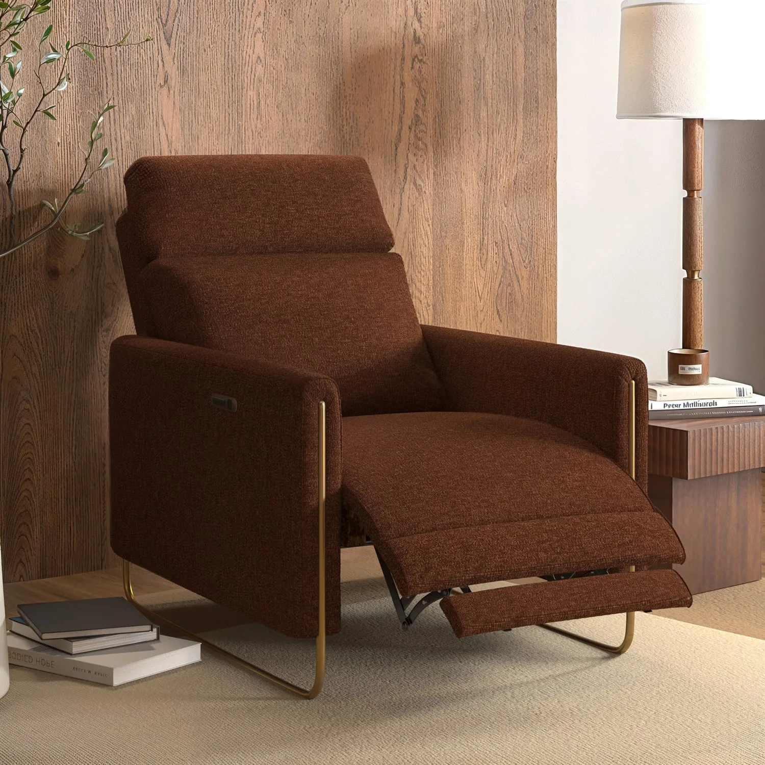 Electric Recliner Chair with USB - Brown, Velvet