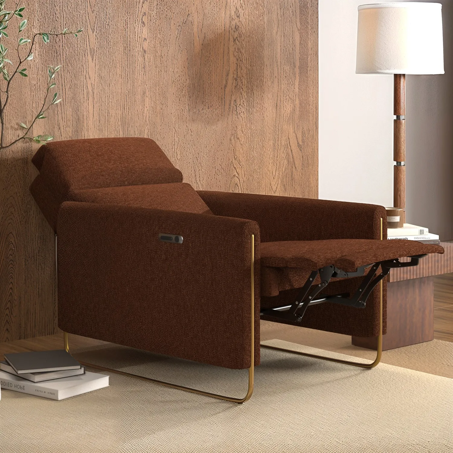 Electric Recliner Chair with USB - Brown, Velvet
