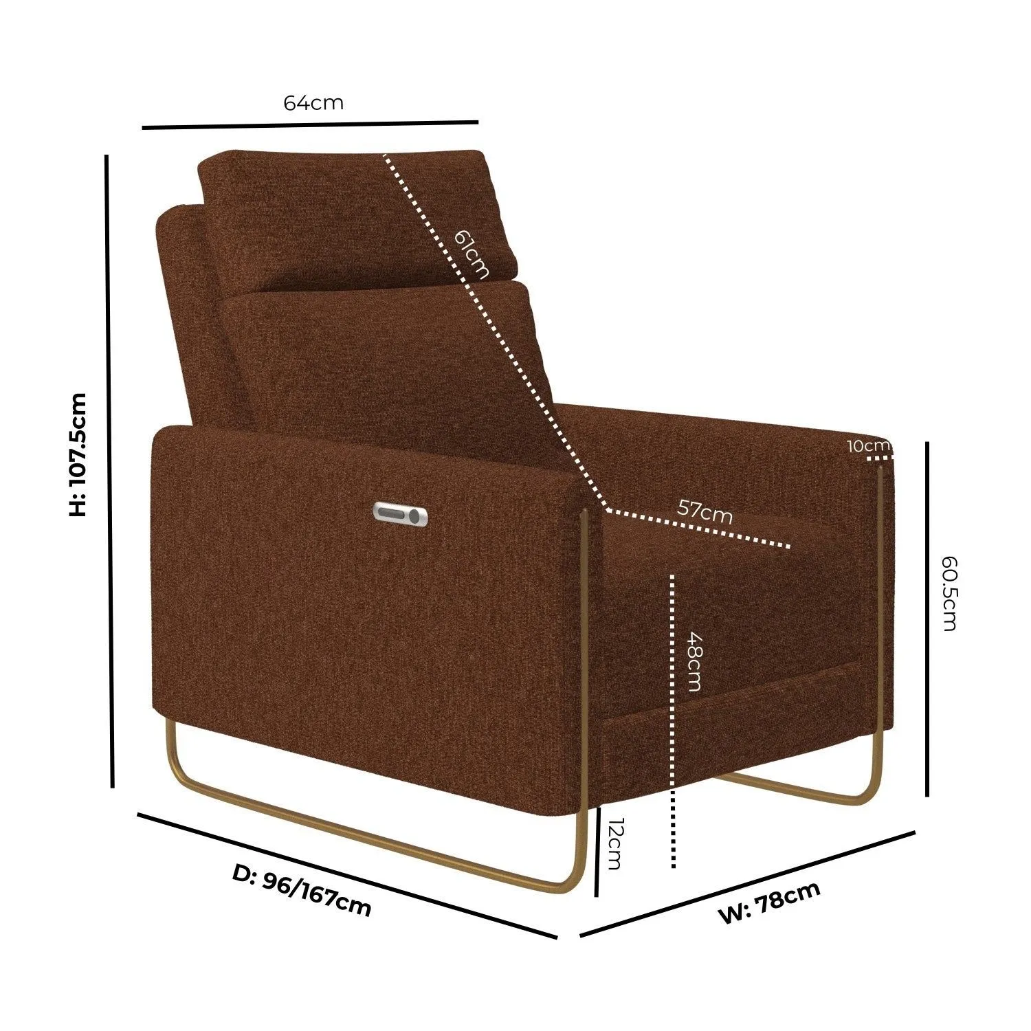 Electric Recliner Chair with USB - Brown, Velvet