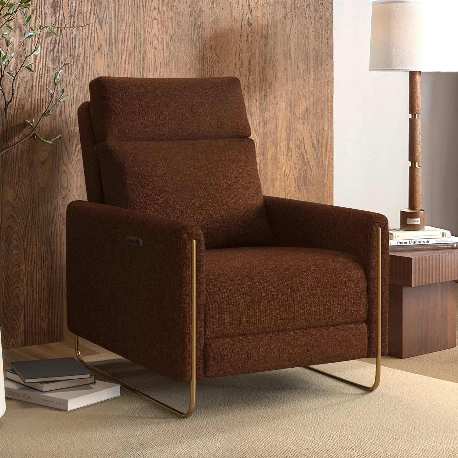 Electric Recliner Chair with USB - Brown, Velvet