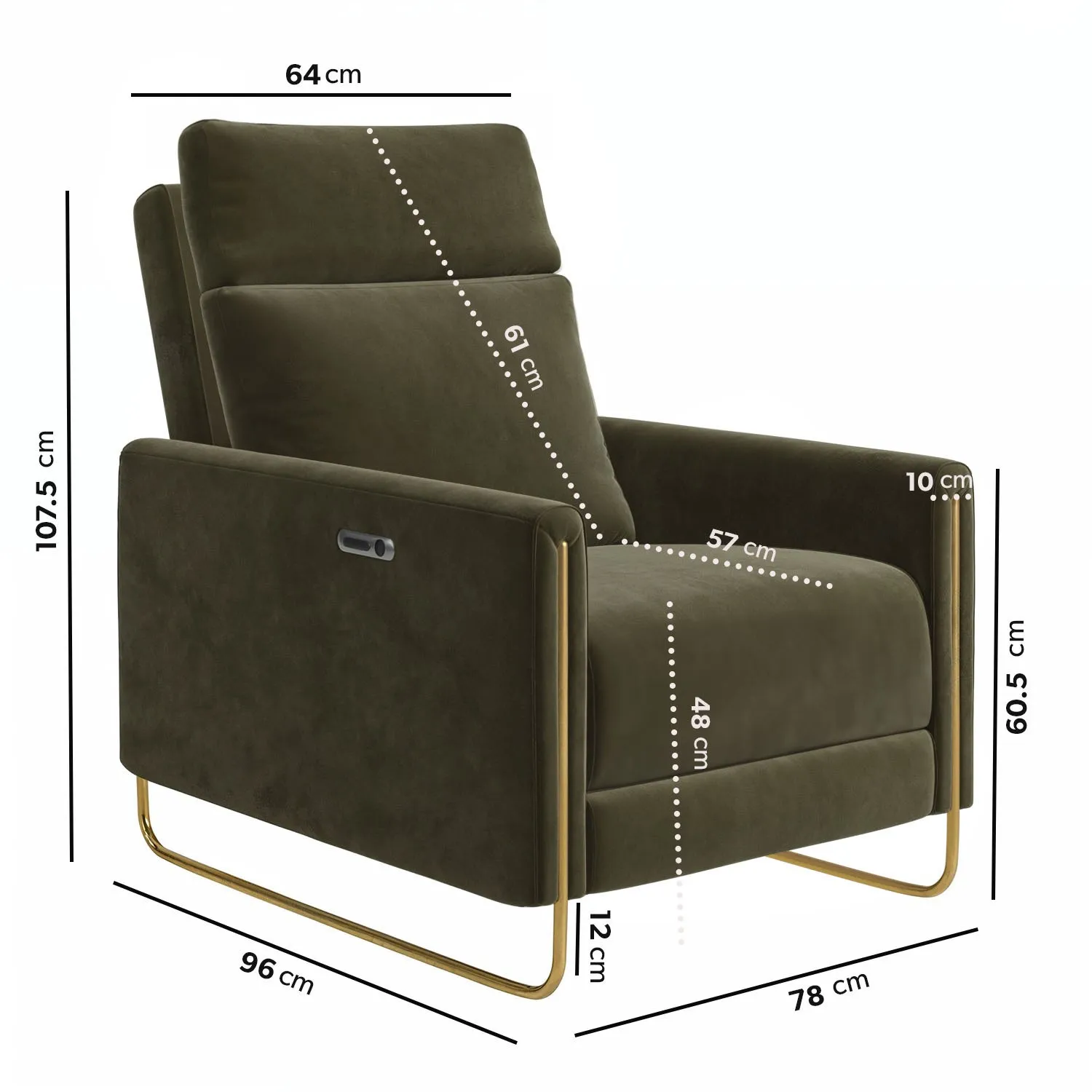 Electric Recliner Chair with USB - Green, Velvet