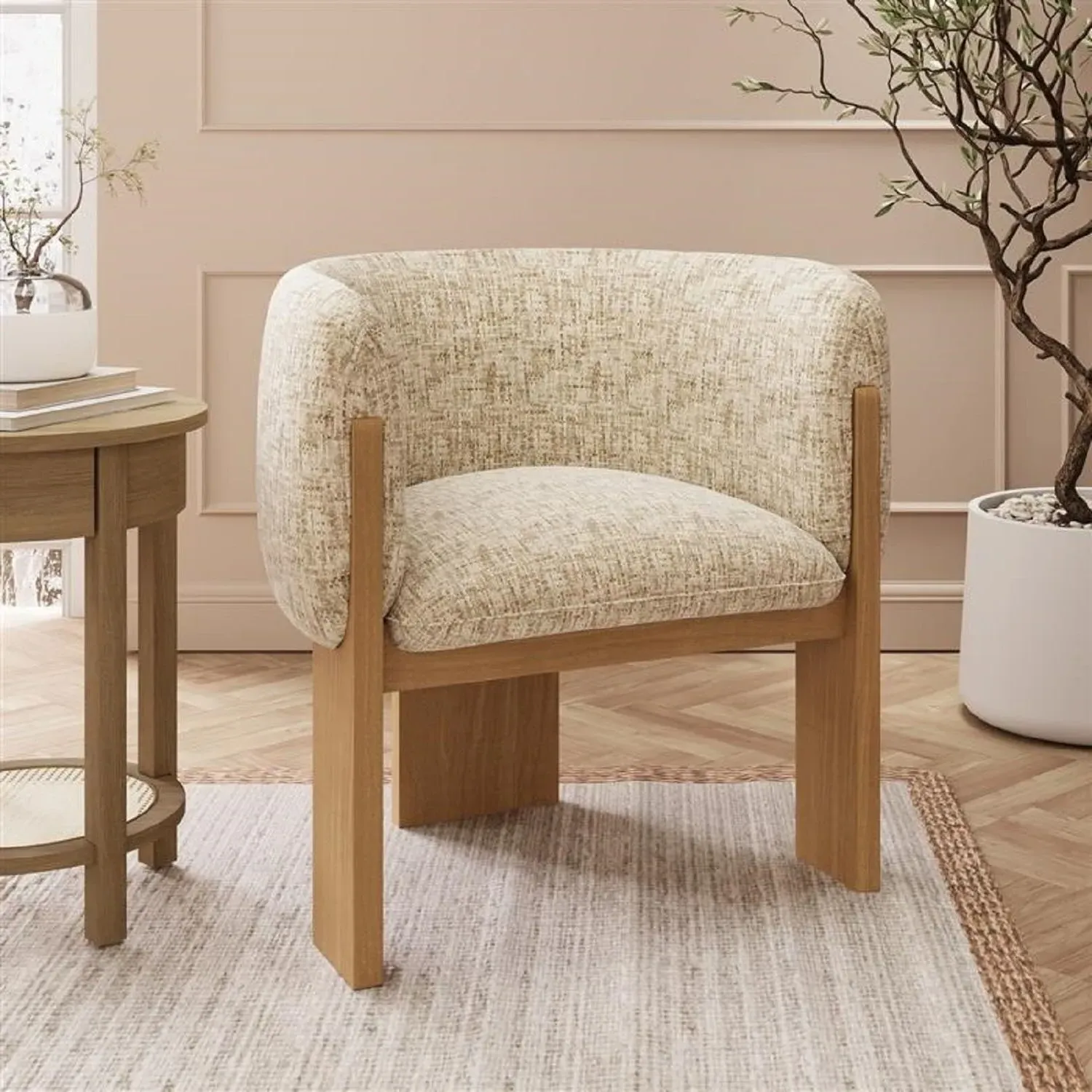 Curved Accent Chair - Beige, Fabric image