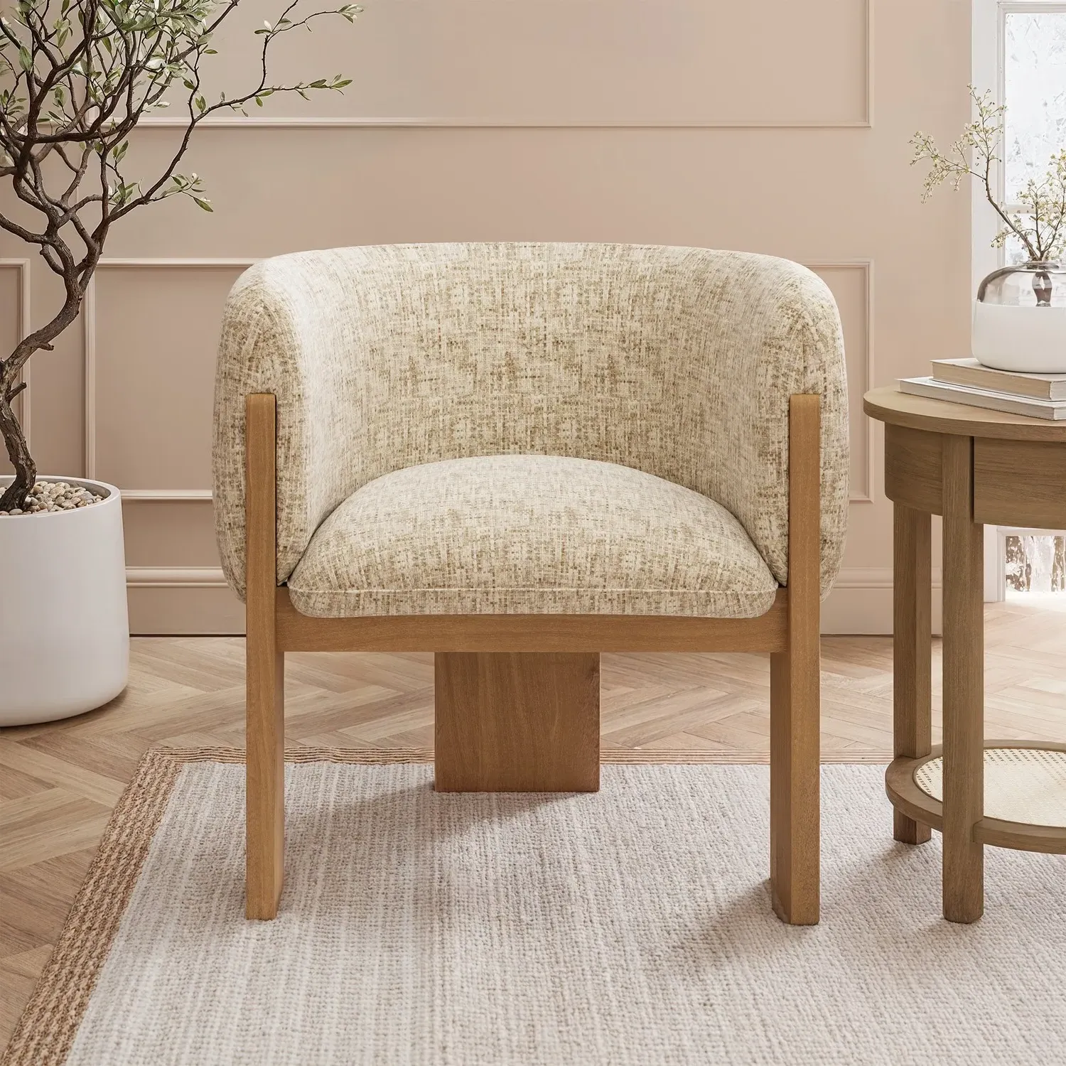 Curved Armchair with Foam Cushion - Beige, Fabric