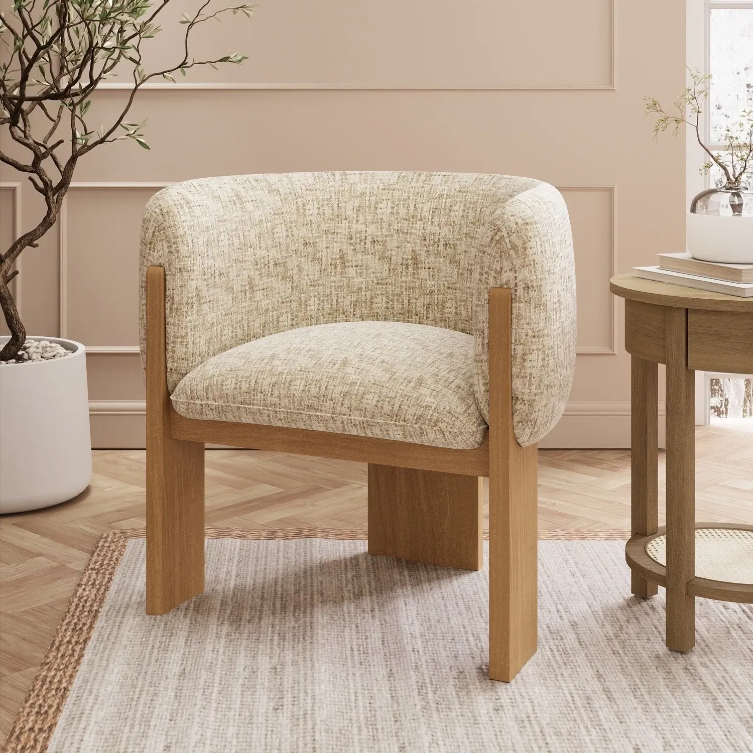 Curved Armchair with Foam Cushion - Beige, Fabric image