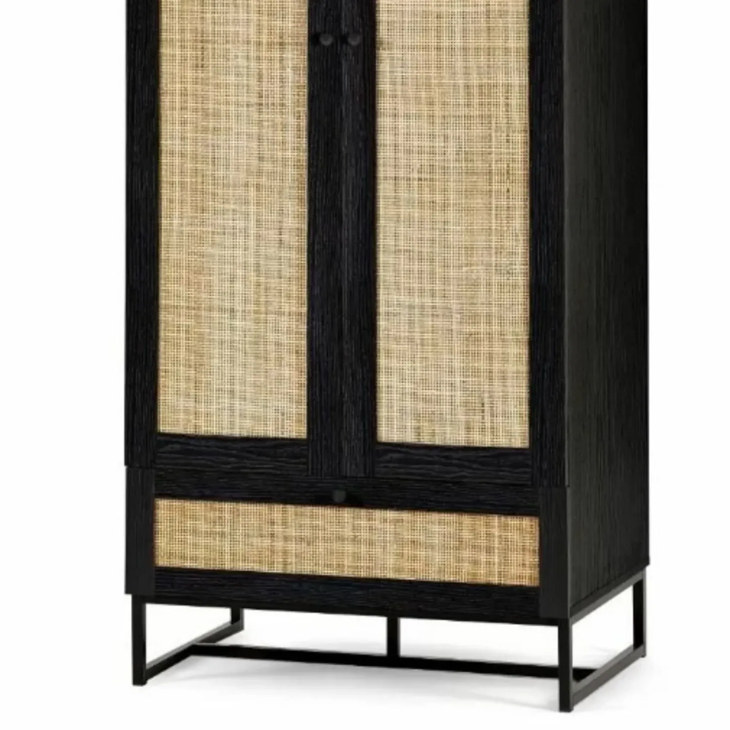 2-Door Wardrobe with Drawer - Black, Rattan