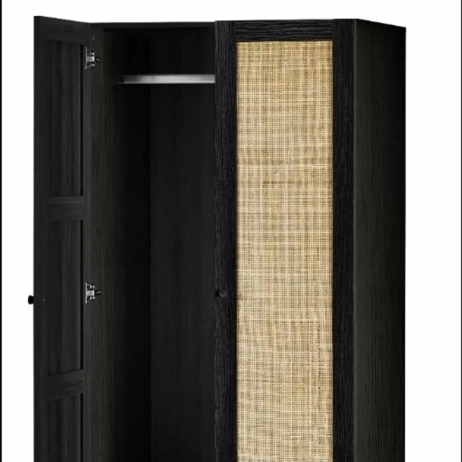 2-Door Wardrobe with Drawer - Black, Rattan
