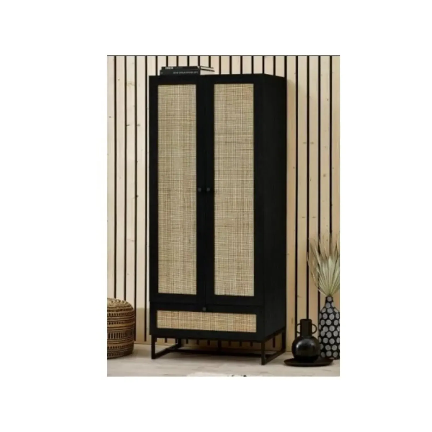 2-Door Wardrobe with Drawer - Black, Rattan image