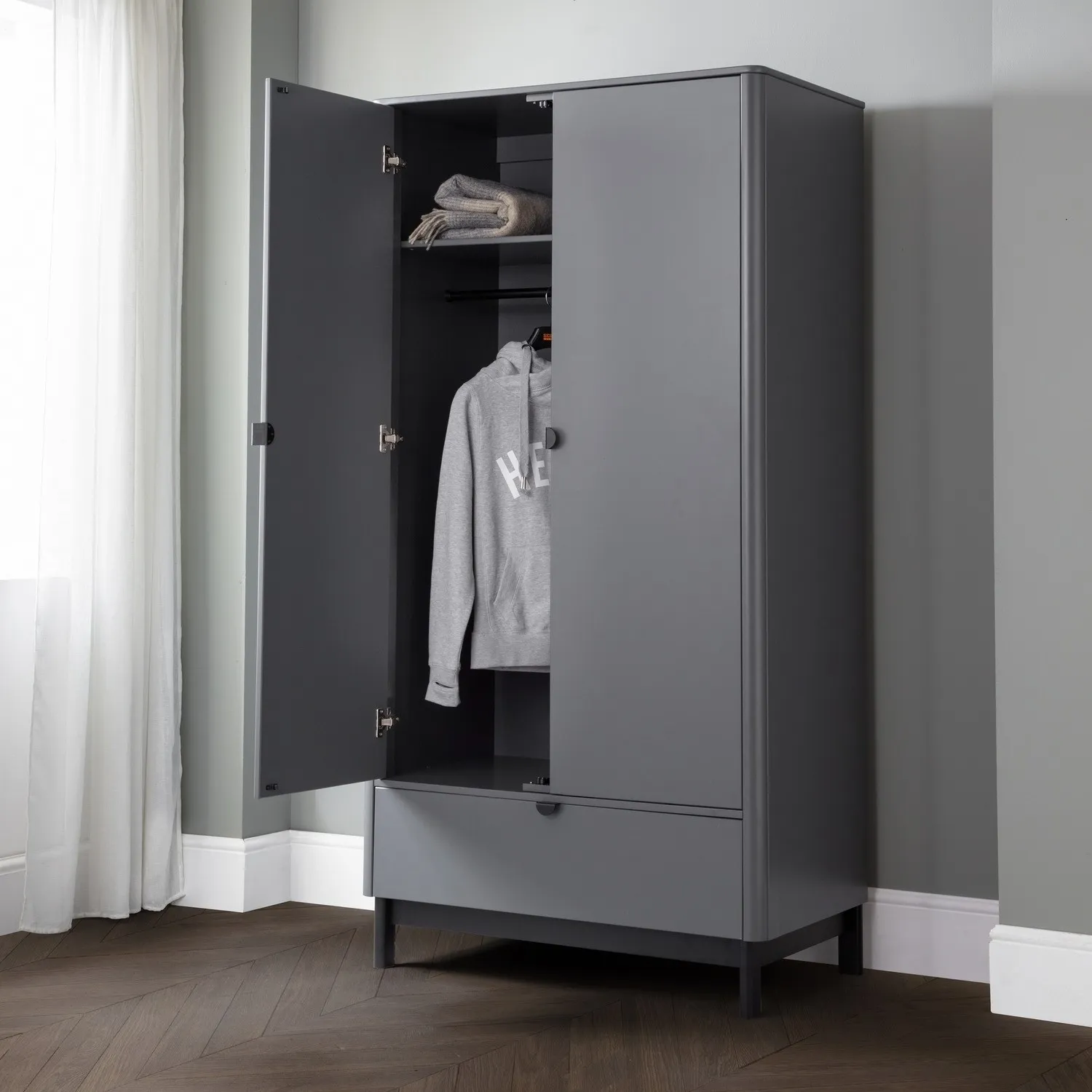 2-Door Wardrobe with Drawer - Grey, Wood
