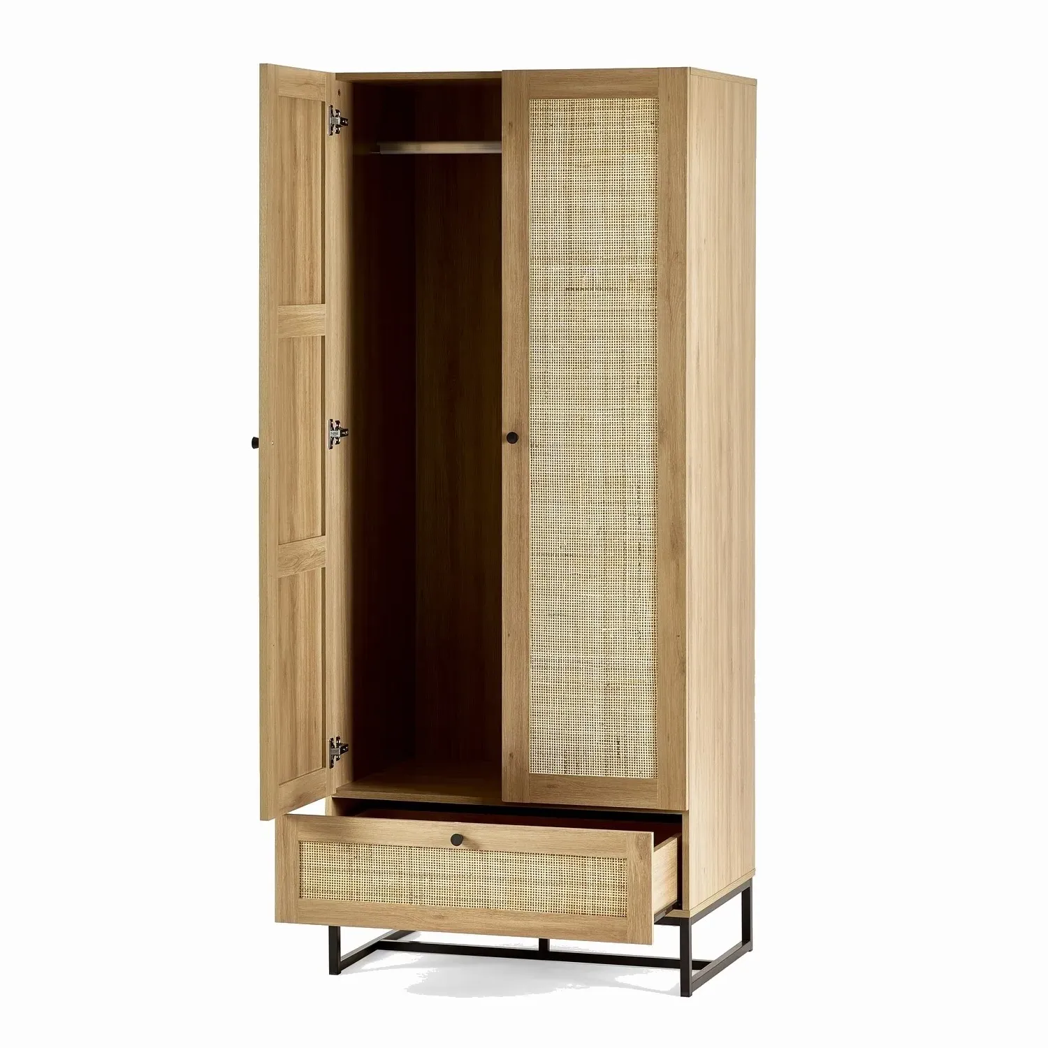 2-Door Wardrobe with Drawer - Wood, Rattan