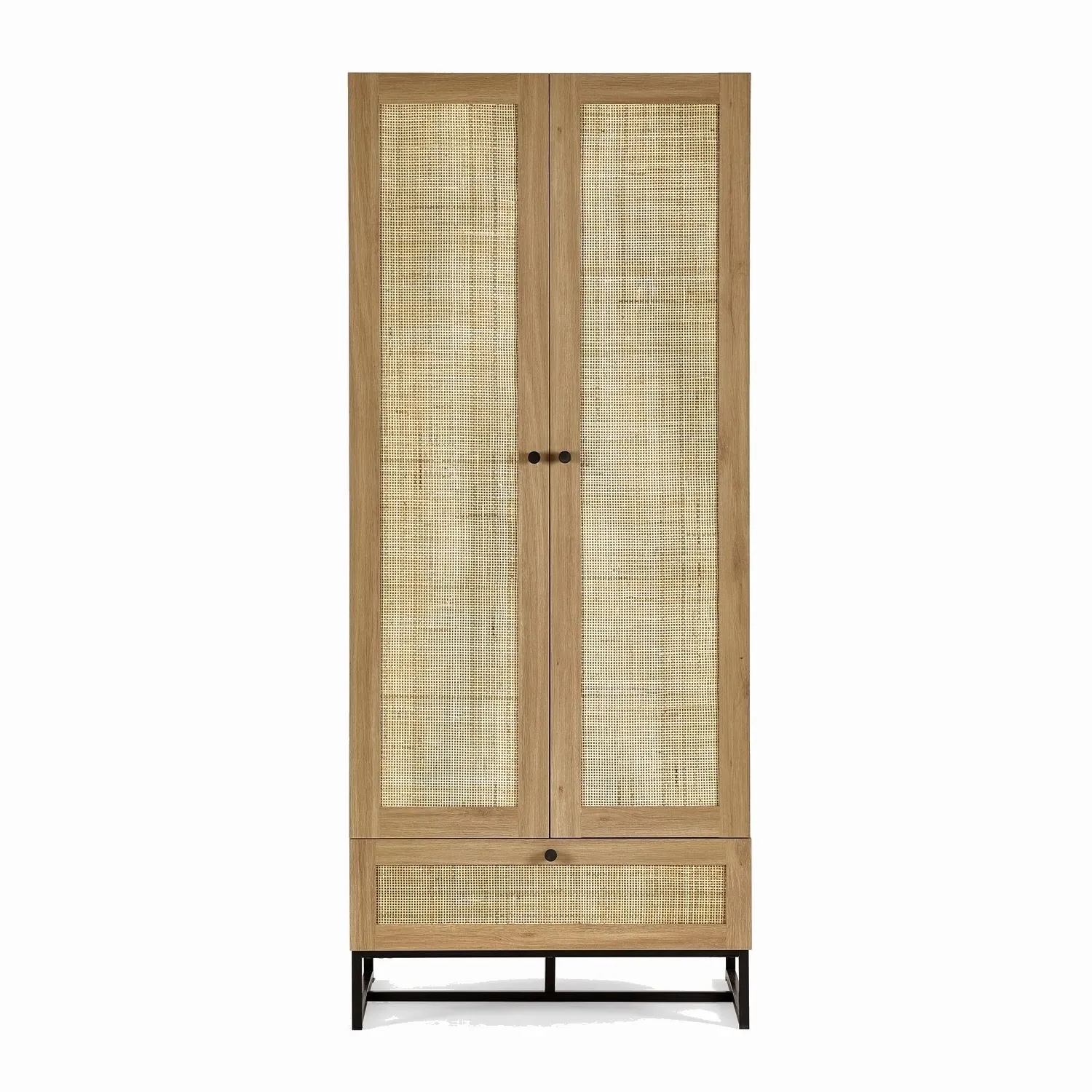 2-Door Wardrobe with Drawer - Wood, Rattan