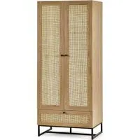 2-Door Wardrobe with Drawer - Wood, Rattan