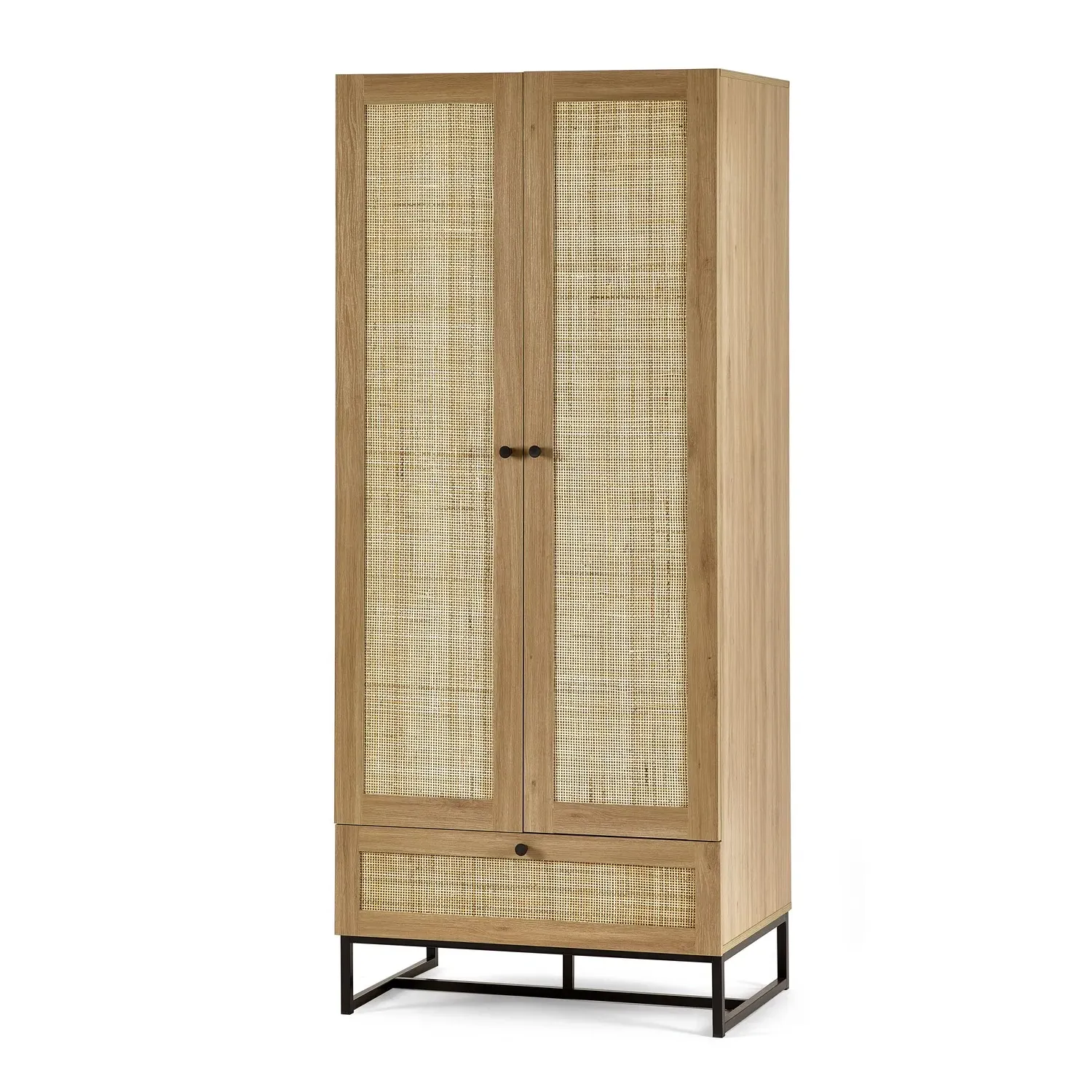 2-Door Wardrobe with Drawer - Wood, Rattan