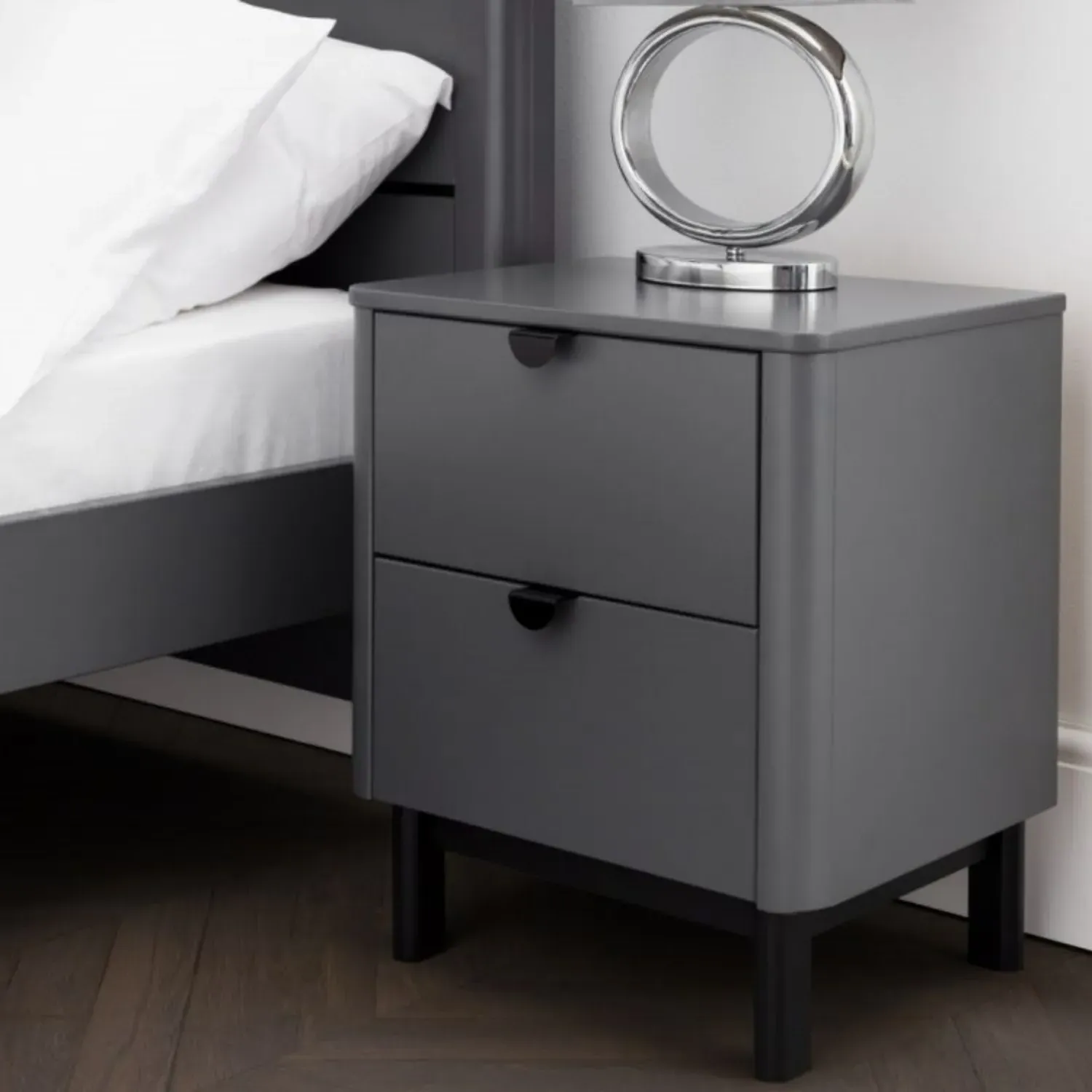 2-Drawer Bedside Table with Legs - Grey, Wood