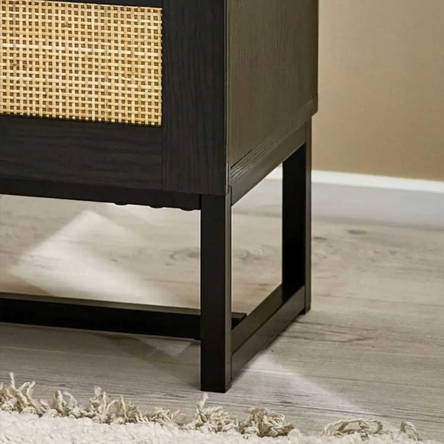 2-Drawer Bedside Table with Rattan - Black, Melamine