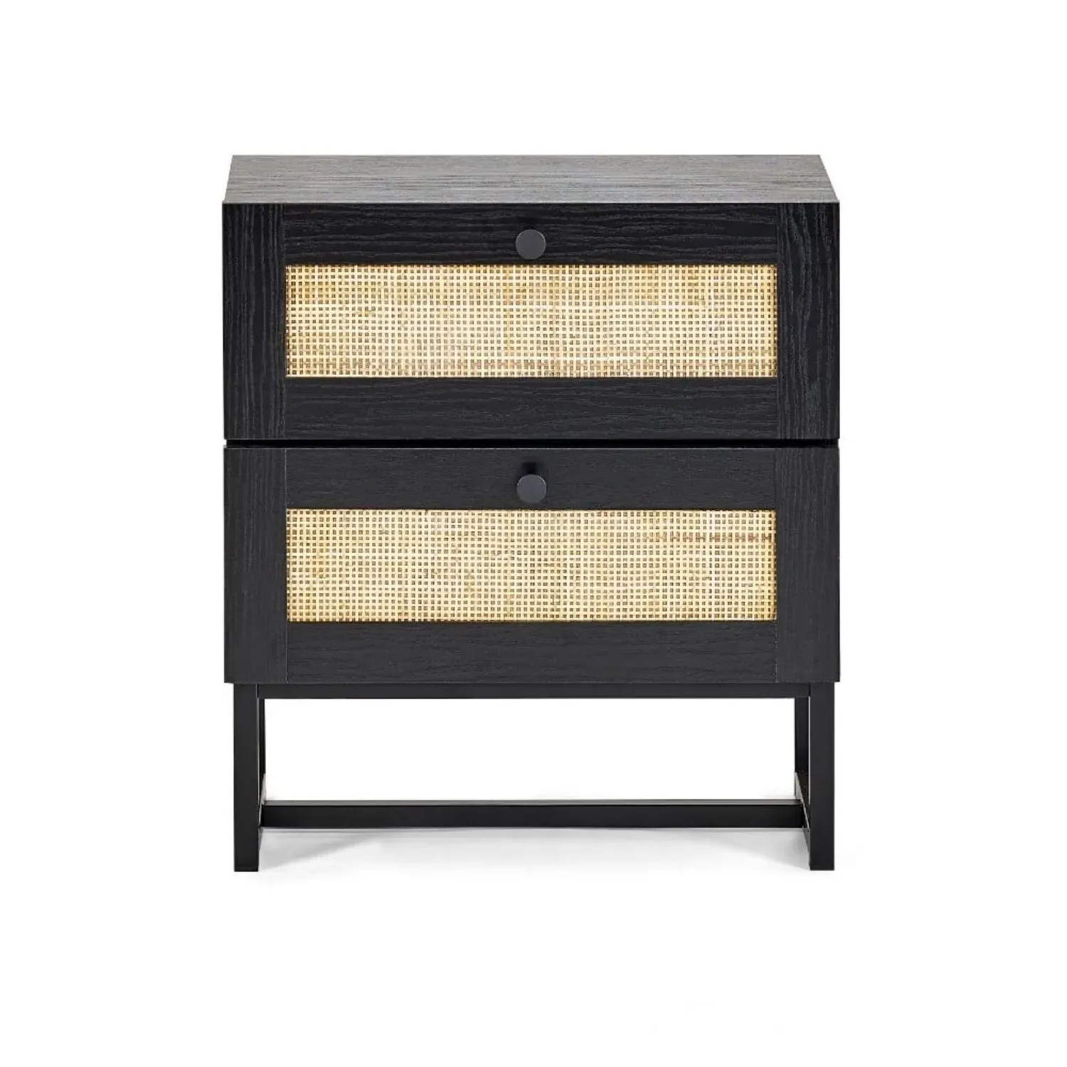 2-Drawer Bedside Table with Rattan - Black, Melamine
