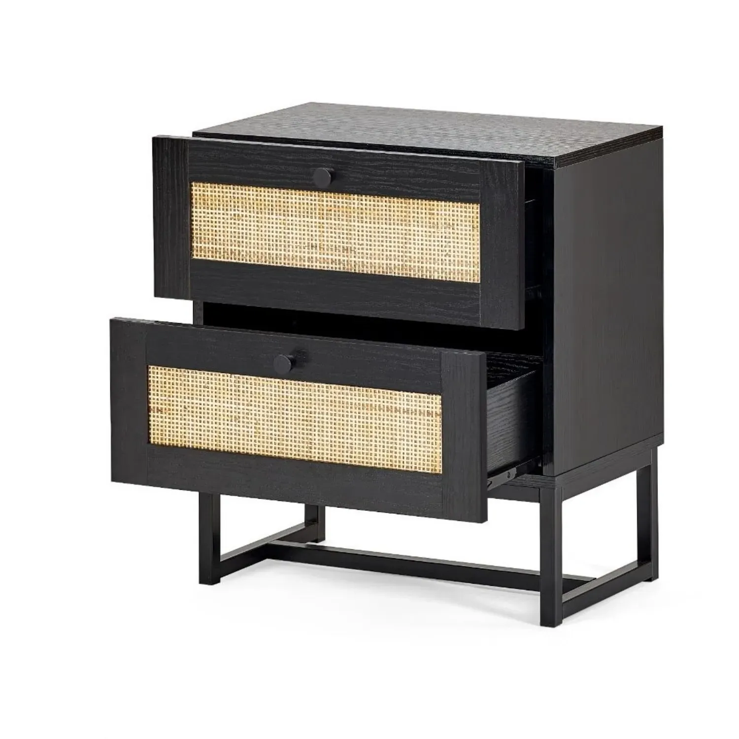 2-Drawer Bedside Table with Rattan - Black, Melamine