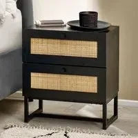 2-Drawer Bedside Table with Rattan - Black, Melamine