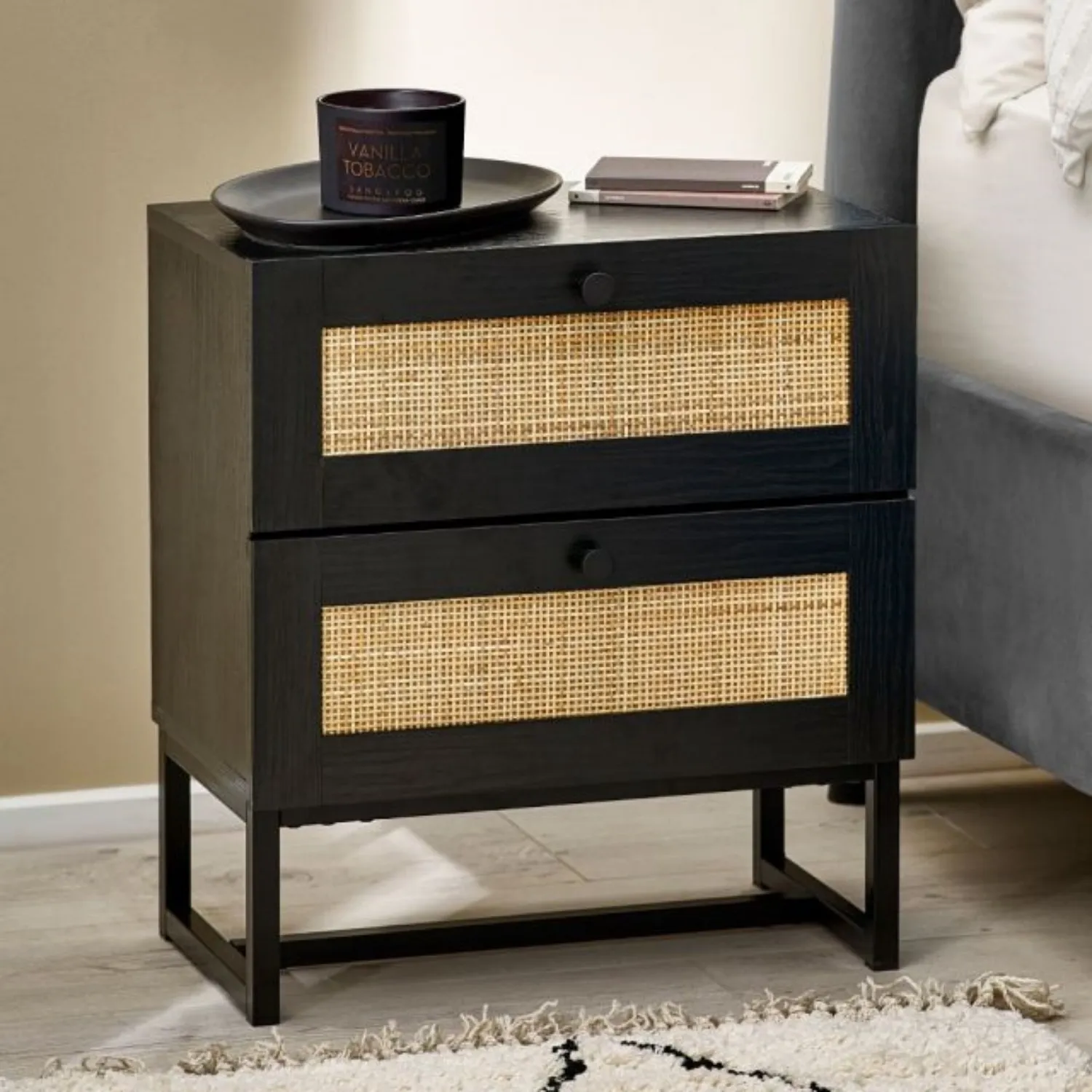 2-Drawer Bedside Table with Rattan - Black, Melamine image