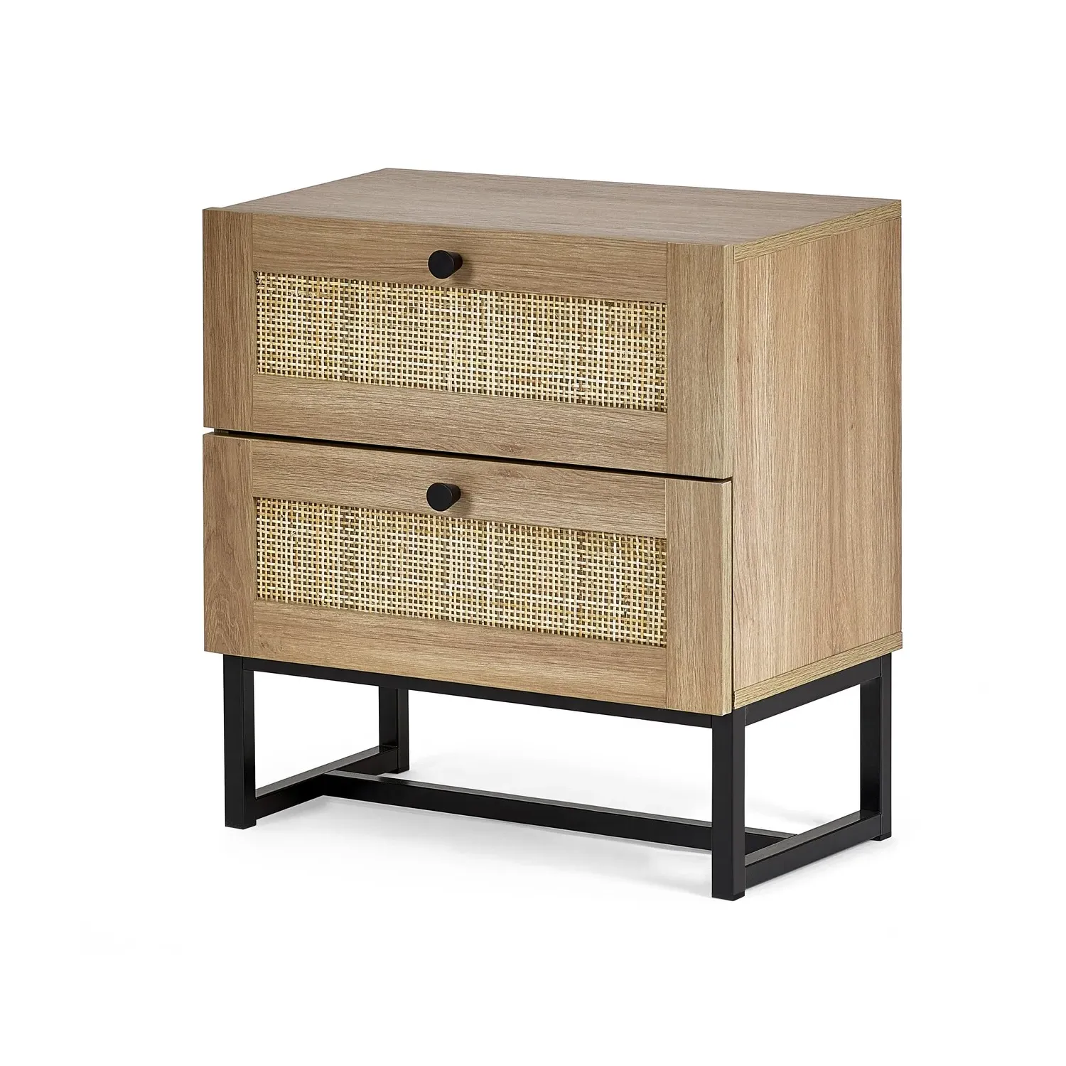 2-Drawer Bedside Table with Rattan - Oak, Melamine