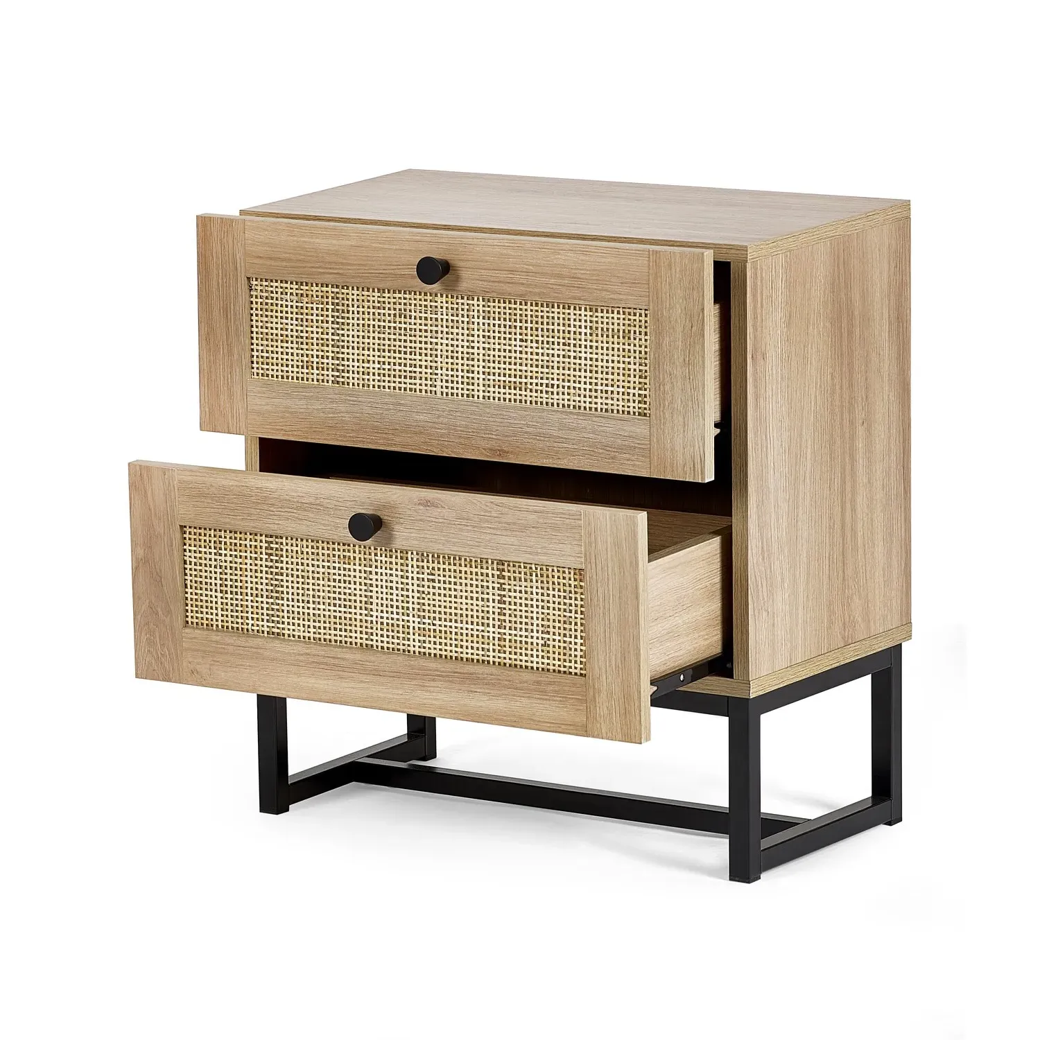 2-Drawer Bedside Table with Rattan - Oak, Melamine