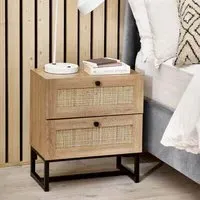 2-Drawer Bedside Table with Rattan - Oak, Melamine