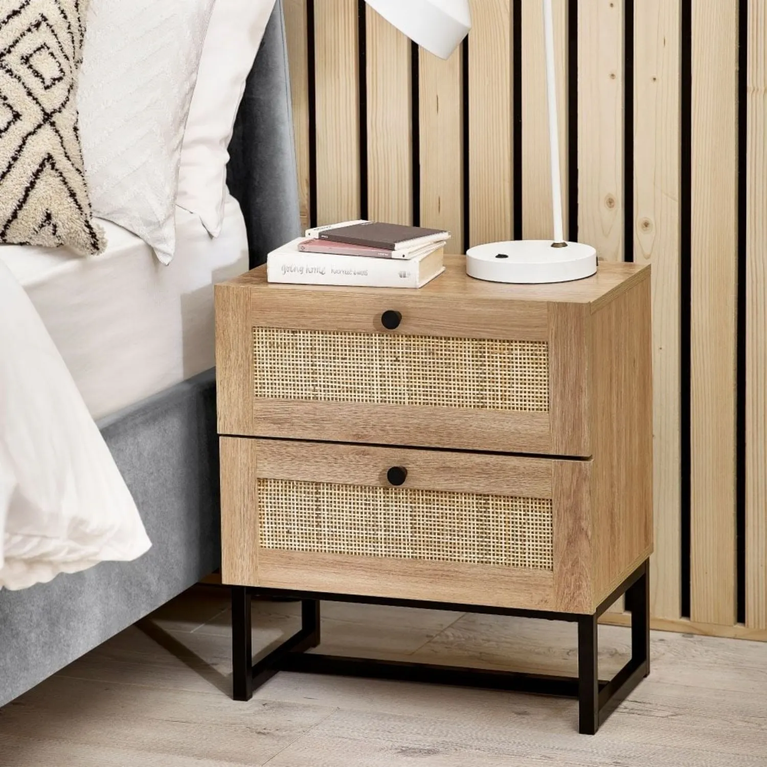 2-Drawer Bedside Table with Rattan - Oak, Melamine image