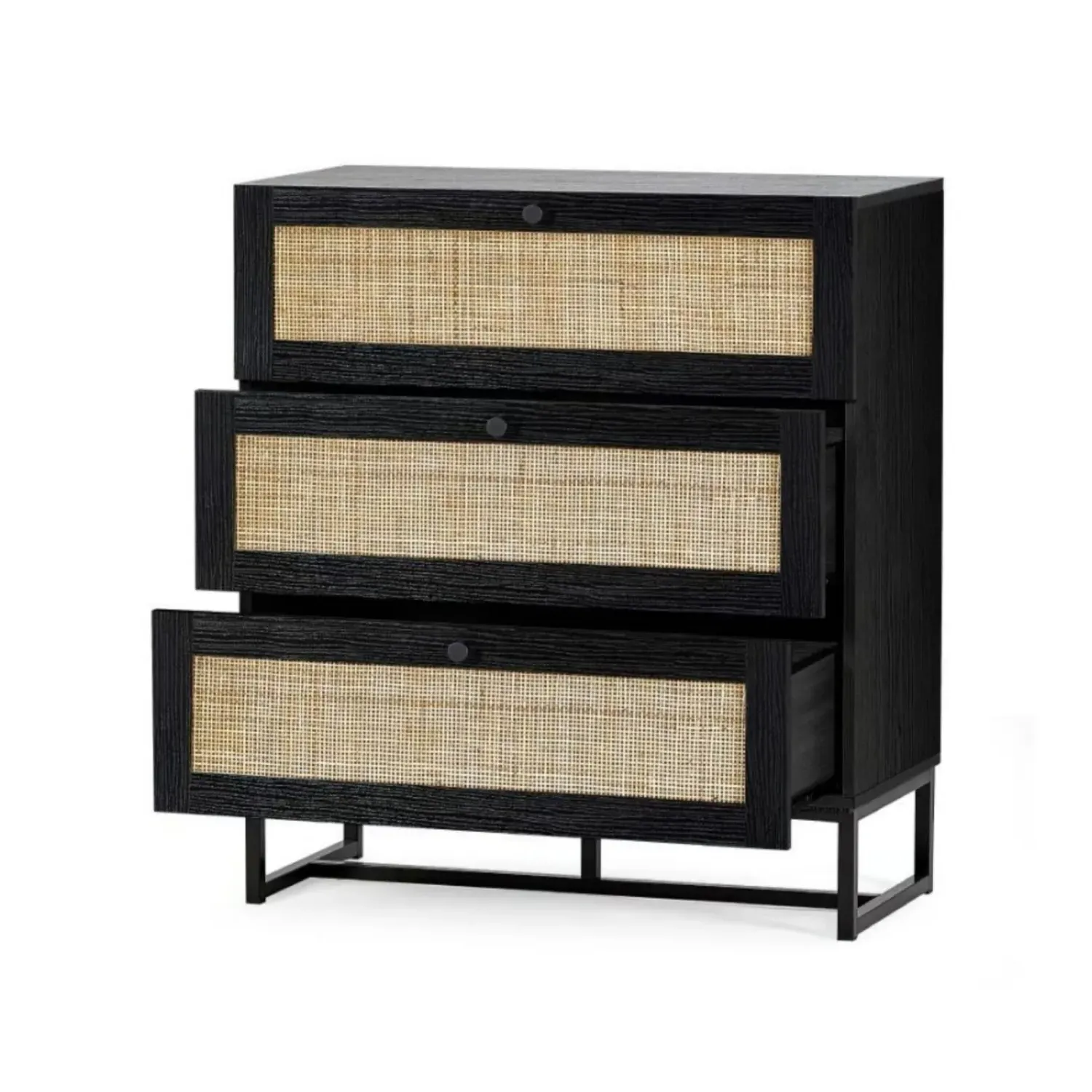 3-Drawer Chest with Rattan Fronts - Black, Wood
