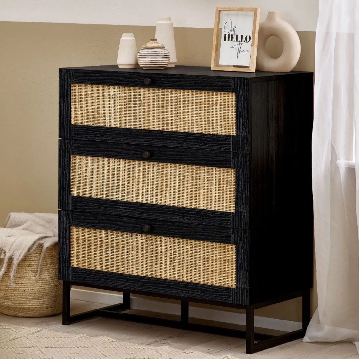 3-Drawer Chest with Rattan Fronts - Black, Wood image