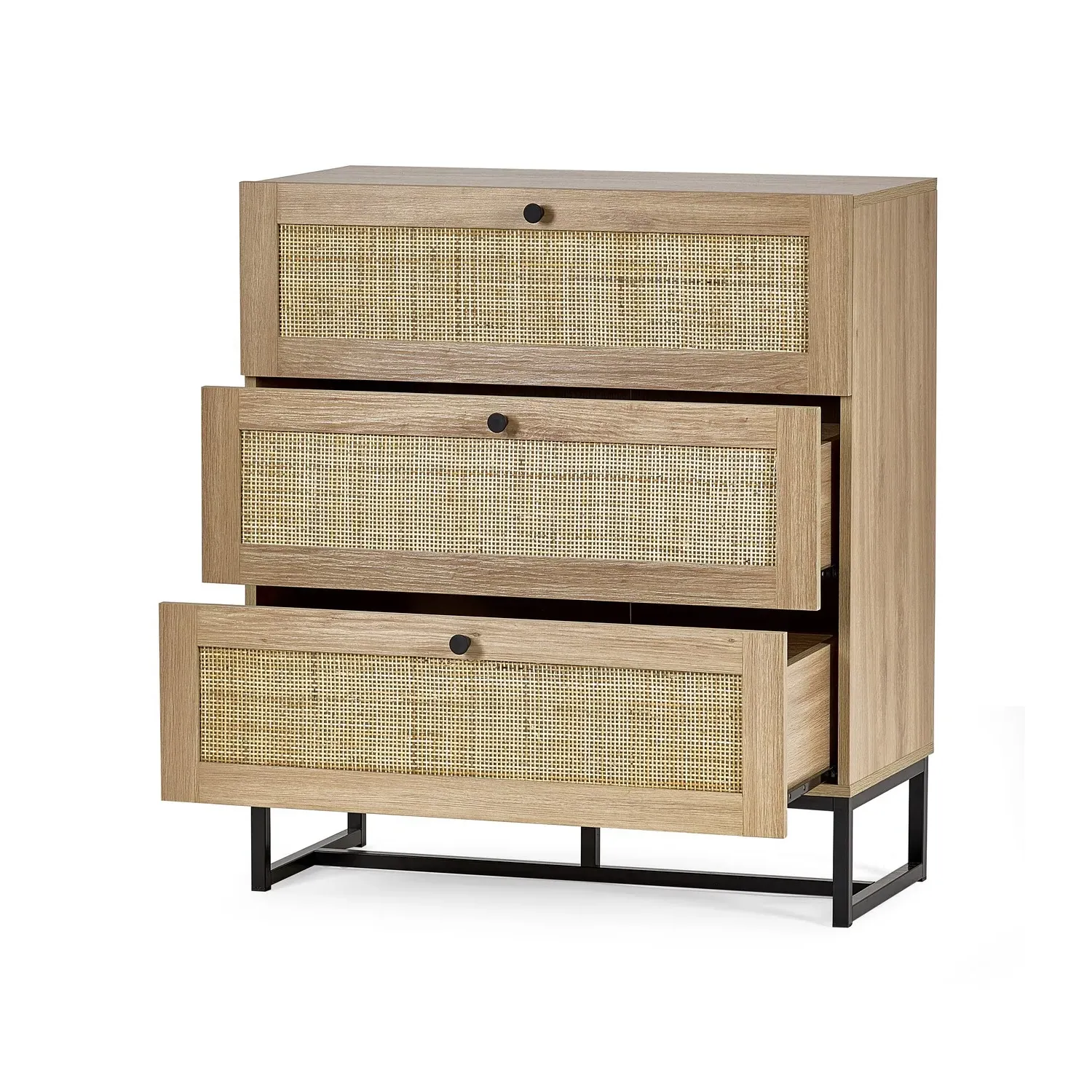 3-Drawer Chest with Rattan Fronts - Oak, Melamine