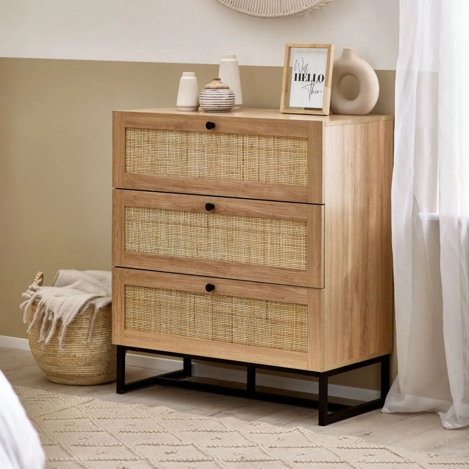 3-Drawer Chest with Rattan Fronts - Oak, Melamine