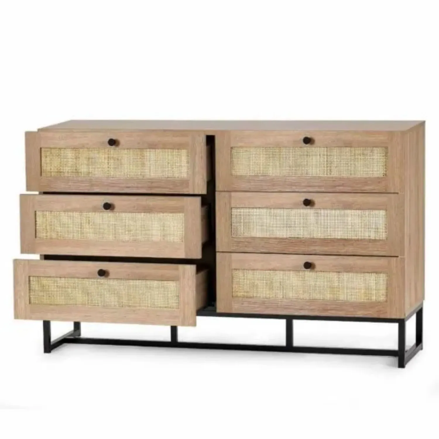6-Drawer Wide Chest with Rattan - Oak, Melamine