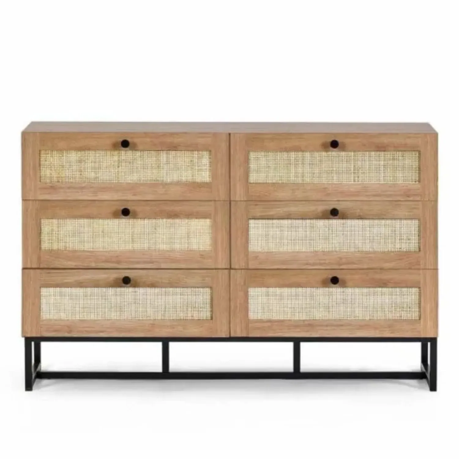 6-Drawer Wide Chest with Rattan - Oak, Melamine