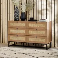 6-Drawer Wide Chest with Rattan - Oak, Melamine